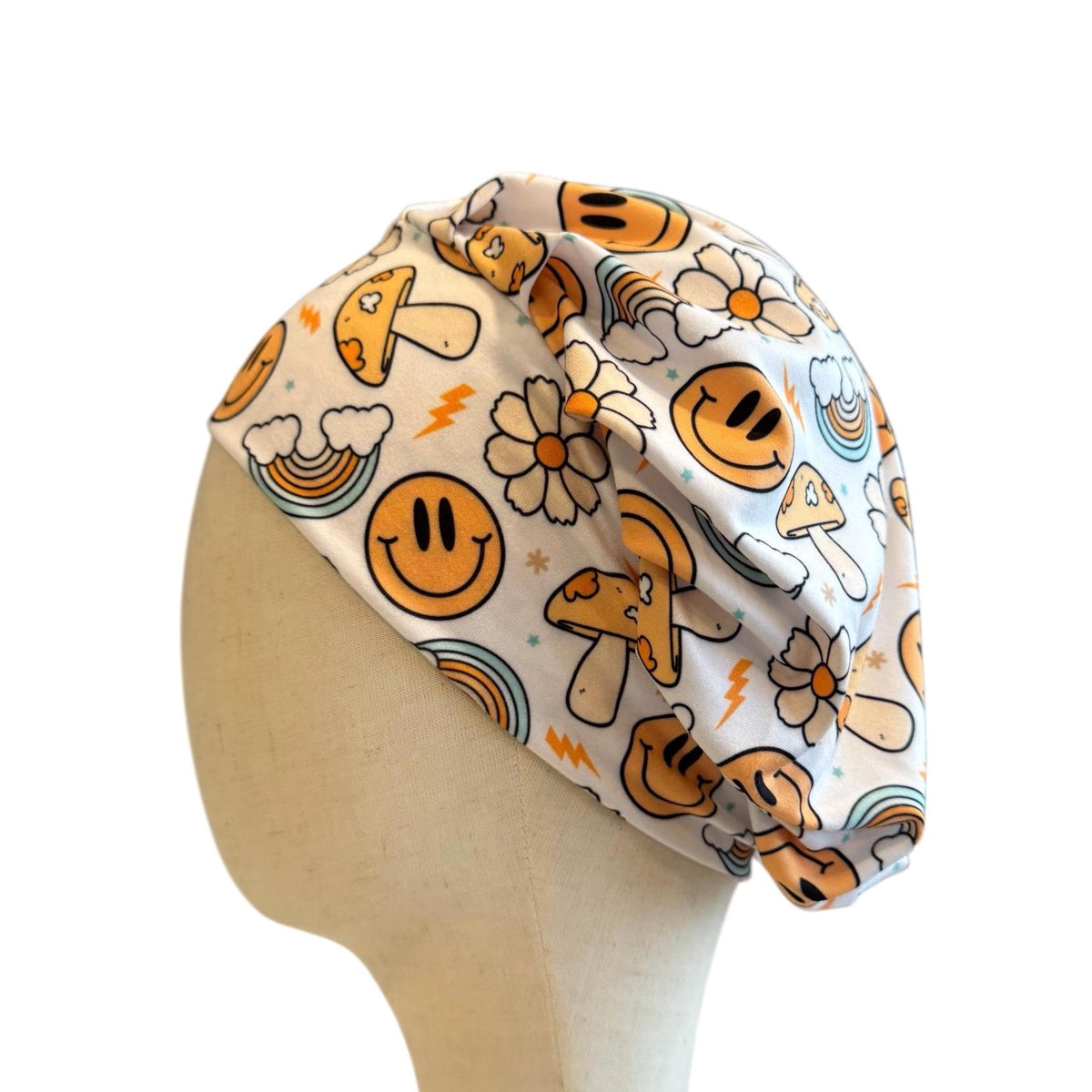 Retro Smiley Scrub Cap Headband Style | Bouffant Surgical Hat | Butter Soft Fabric | Happy Face Mushroom Rainbow Print | Nurse Gift