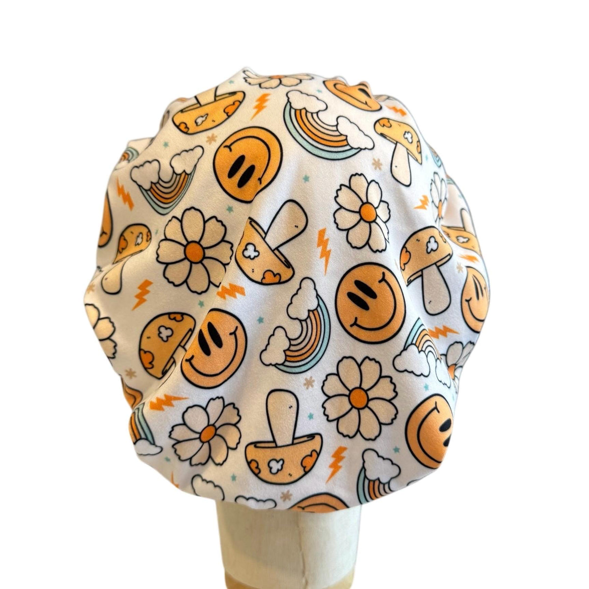 Retro Smiley Scrub Cap Headband Style | Bouffant Surgical Hat | Butter Soft Fabric | Happy Face Mushroom Rainbow Print | Nurse Gift