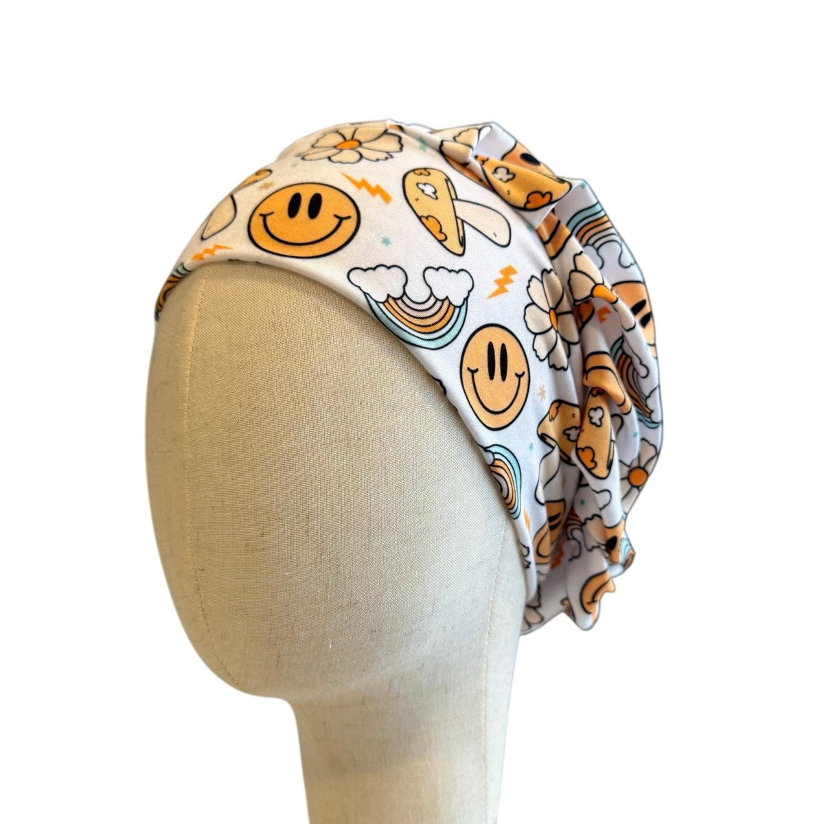 Retro Smiley Scrub Cap Headband Style | Bouffant Surgical Hat | Butter Soft Fabric | Happy Face Mushroom Rainbow Print | Nurse Gift