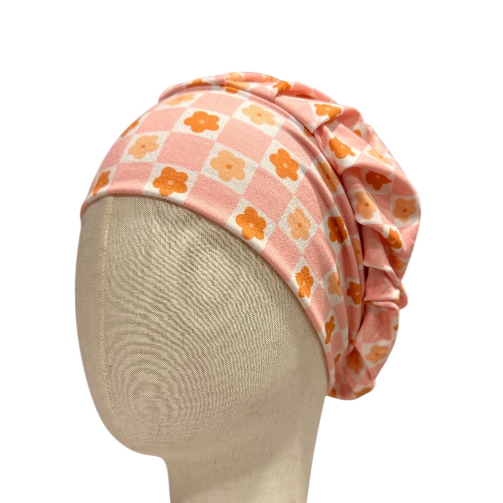 Peach Floral Checkered Headband Bouffant Scrub Cap | Stretchy Surgical Cap for Women | Cute Nurse Hat | Comfortable Hair Cover for Long Hair