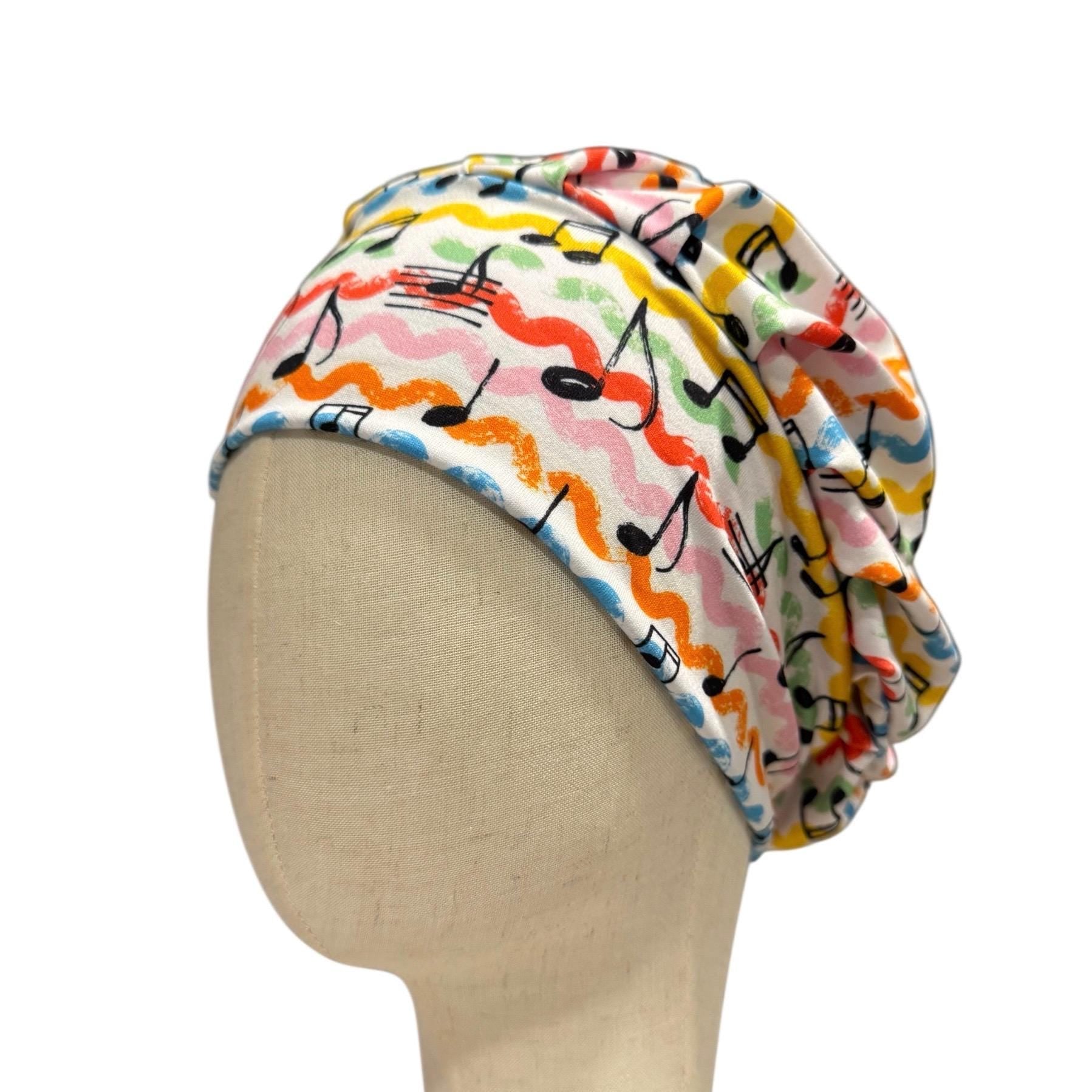Music Notes Headband Bouffant Scrub Cap | Colorful Musical Surgical Cap for Women | Stretchy Nurse Hat | Fun Medical Hair Cover
