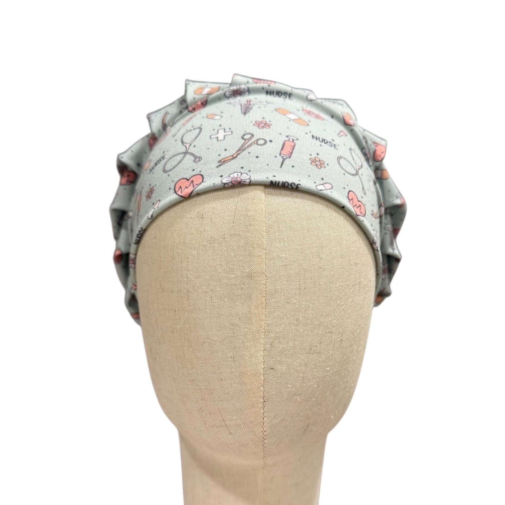 Nurse Themed Headband Bouffant Scrub Cap | Medical Print Surgical Cap for Women | Stretchy Nurse Hat | Cute Healthcare Hair Cover