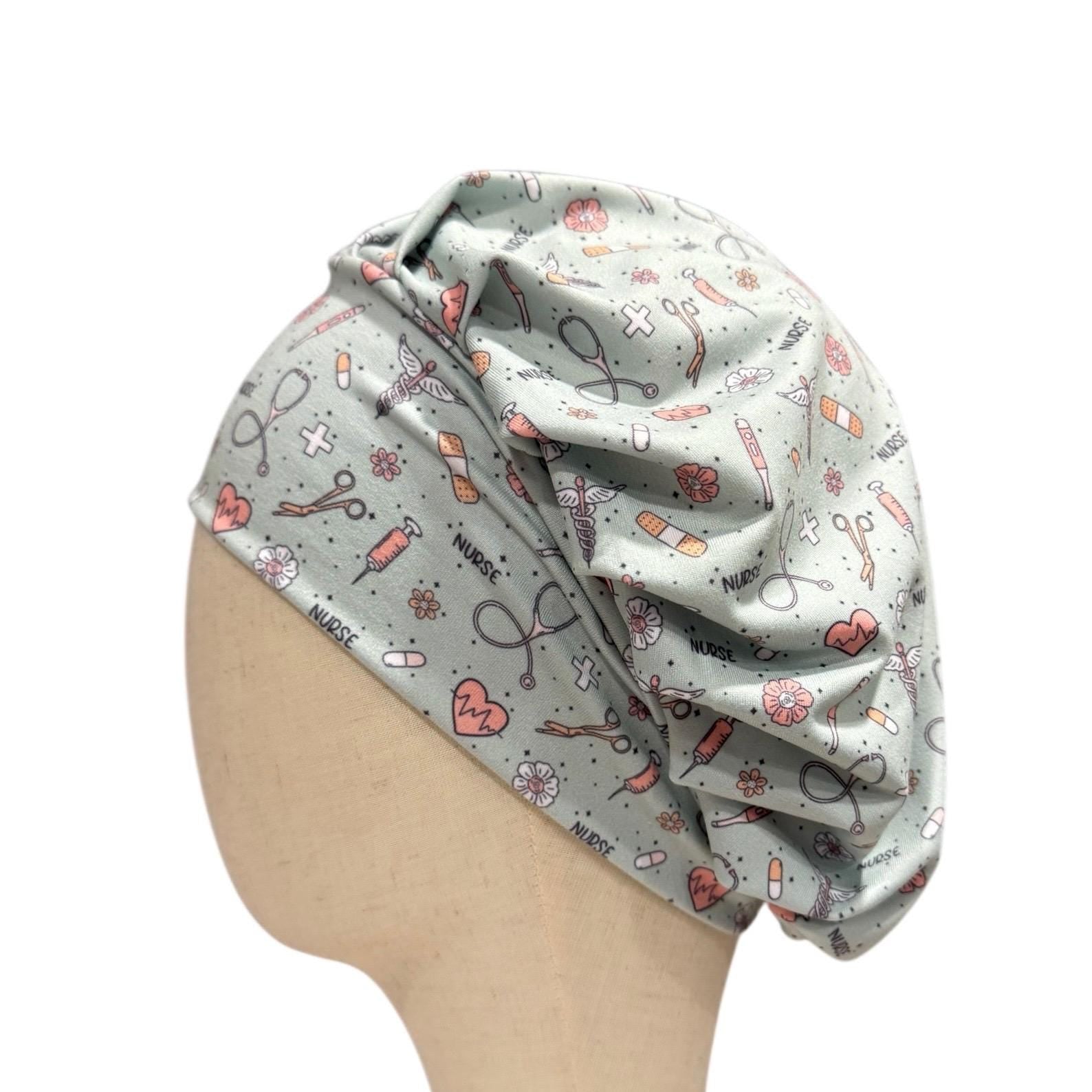 Nurse Themed Headband Bouffant Scrub Cap | Medical Print Surgical Cap for Women | Stretchy Nurse Hat | Cute Healthcare Hair Cover