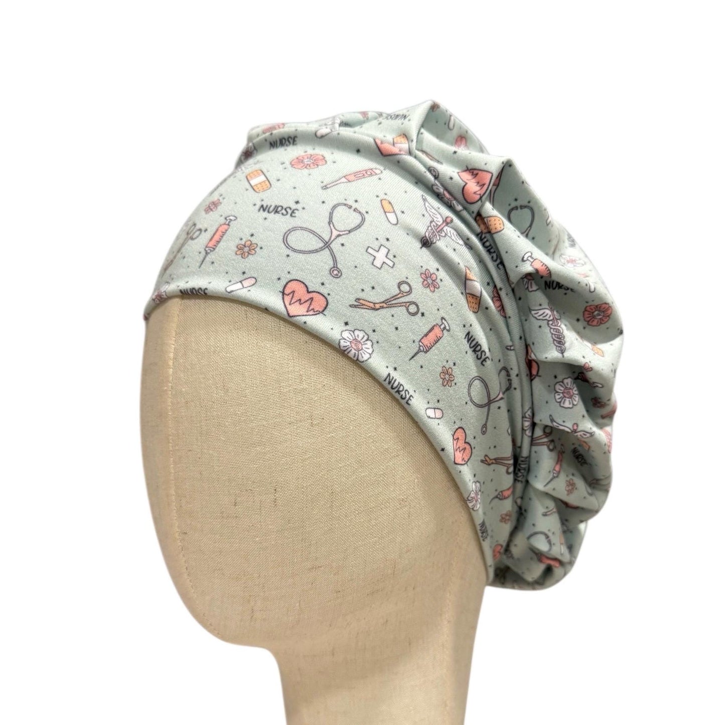 Nurse Themed Headband Bouffant Scrub Cap | Medical Print Surgical Cap for Women | Stretchy Nurse Hat | Cute Healthcare Hair Cover