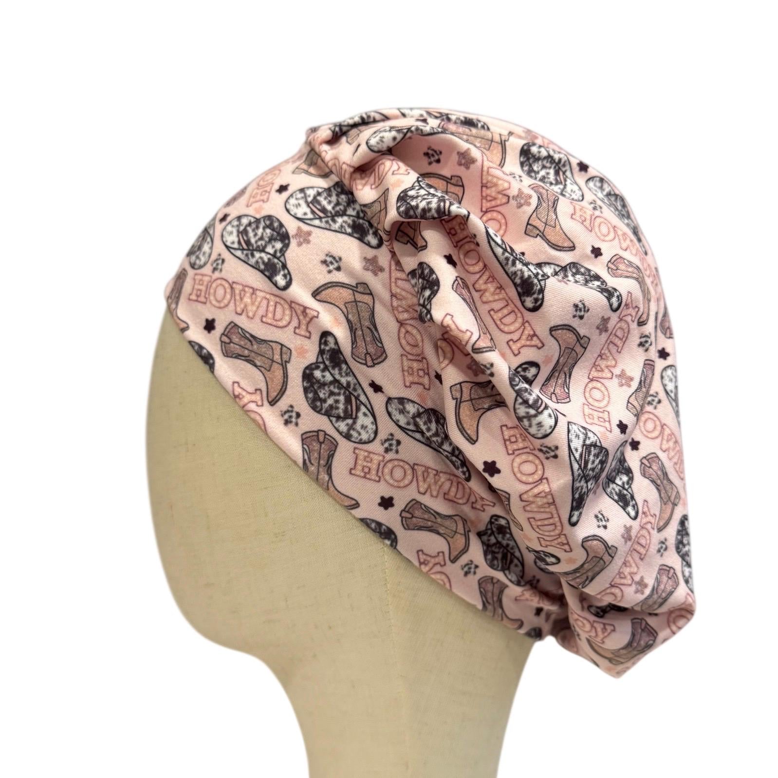 Pink Cherry Disco Bouffant Scrub Cap | Headband Style Scrub Cap | Soft Surgical Cap for Long Hair | Girly Nurse Hat