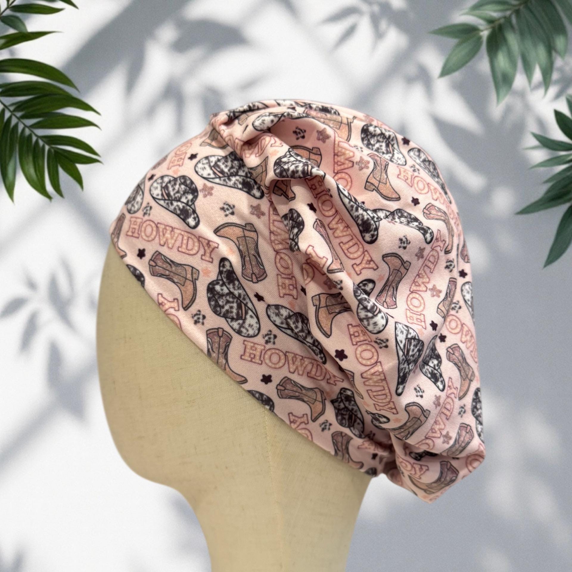 Pink Cherry Disco Bouffant Scrub Cap | Headband Style Scrub Cap | Soft Surgical Cap for Long Hair | Girly Nurse Hat