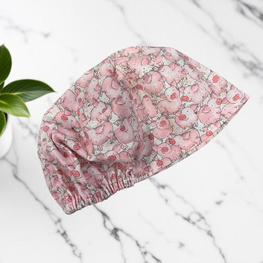 Pig Print Euro Scrub Cap • Cute Pink Pigs Scrub Hat • 100% Cotton Surgical Cap • Adjustable Elastic • Vet Tech Hat • Farm Animal Nurse Cap