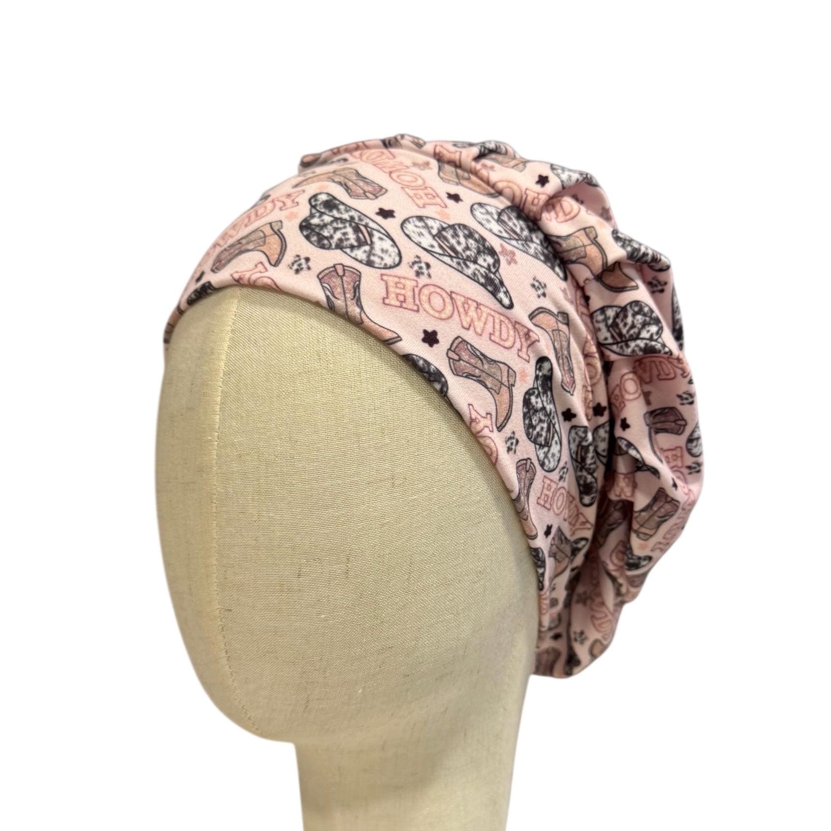 Pink Cherry Disco Bouffant Scrub Cap | Headband Style Scrub Cap | Soft Surgical Cap for Long Hair | Girly Nurse Hat