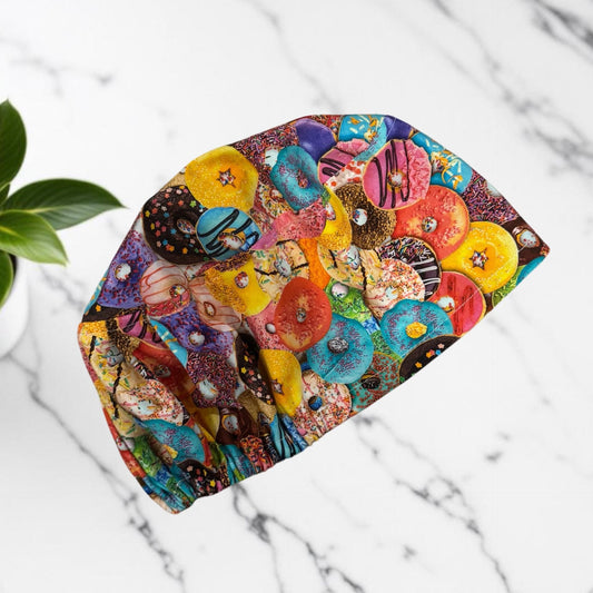Donut Scrub Cap • Colorful Donuts Euro Scrub Hat • 100% Cotton • Adjustable Elastic • Cute Nurse Hat • Fun Medical Cap • Bakery Print Scrub