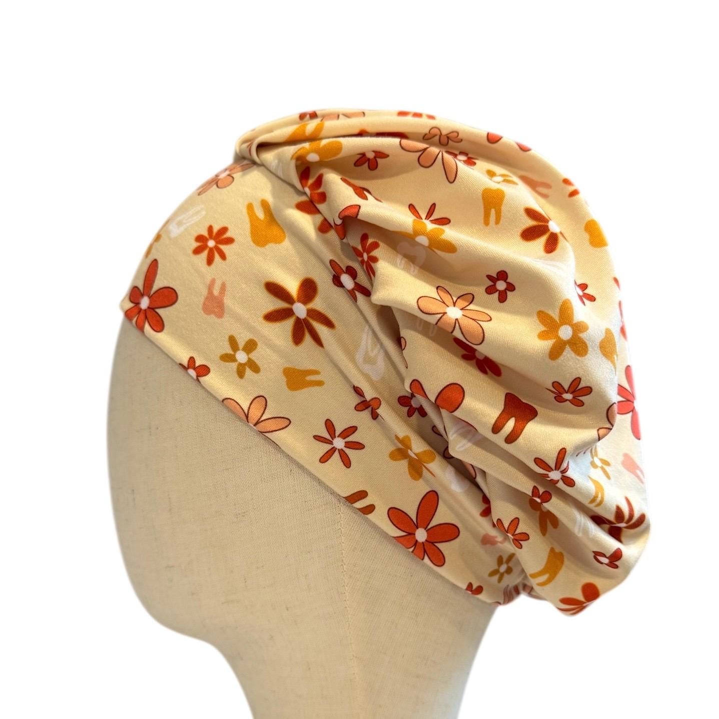 Dentist Scrub Cap Retro Floral Tooth Print | Cute Dental Hygienist Scrub Cap, Bouffant Scrub Cap