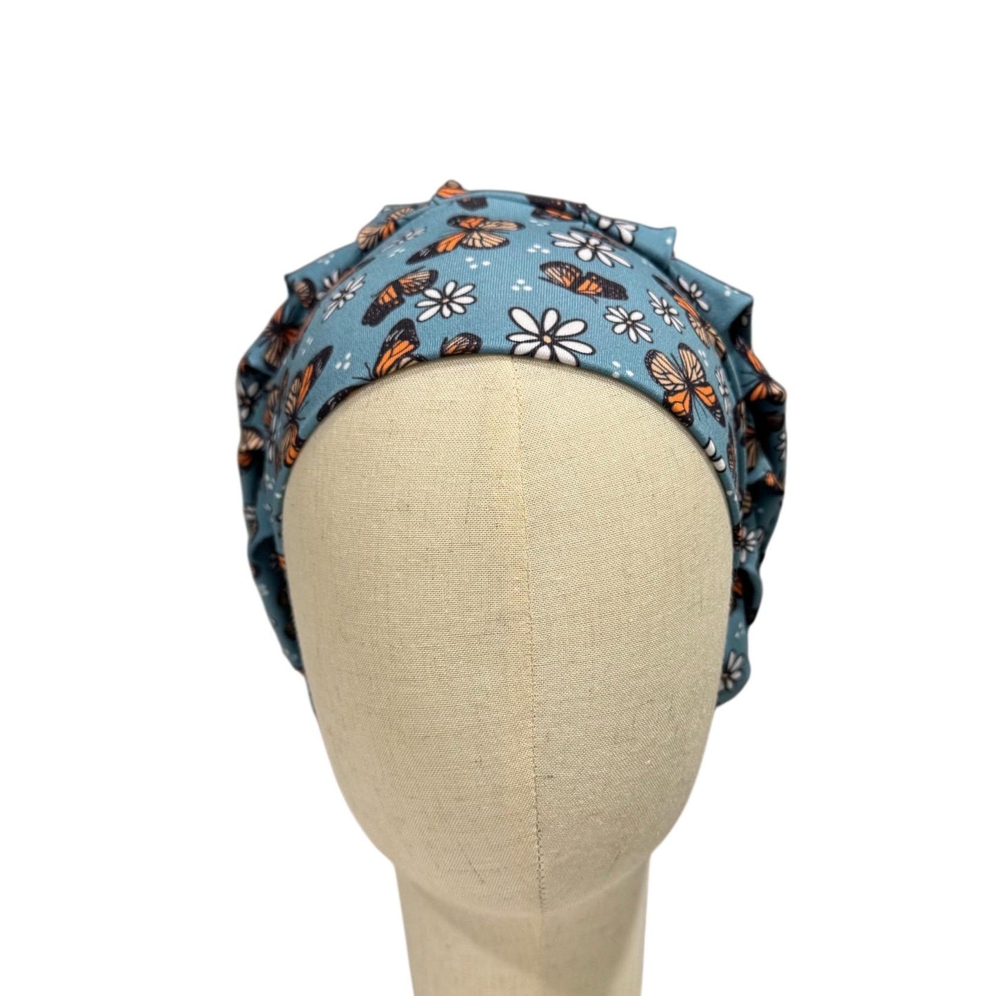 Blue Butterfly & Daisy Scrub Cap, Stretchy Bouffant Surgical Hat, Ponytail Friendly, Nurse/Doctor OR Cap, Cute Floral Butterflies