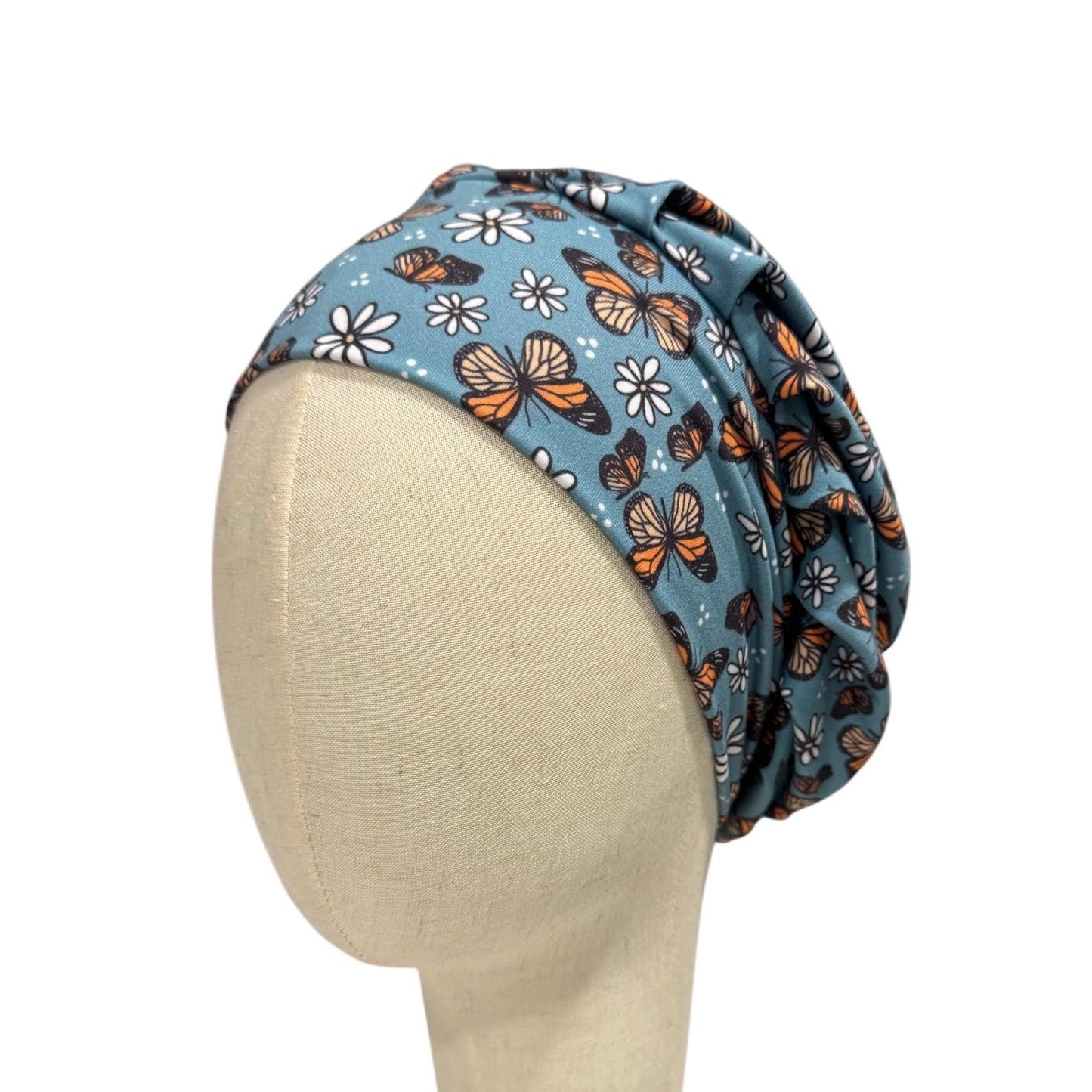 Blue Butterfly & Daisy Scrub Cap, Stretchy Bouffant Surgical Hat, Ponytail Friendly, Nurse/Doctor OR Cap, Cute Floral Butterflies