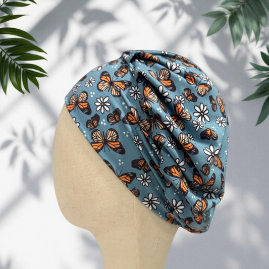 Blue Butterfly & Daisy Scrub Cap, Stretchy Bouffant Surgical Hat, Ponytail Friendly, Nurse/Doctor OR Cap, Cute Floral Butterflies