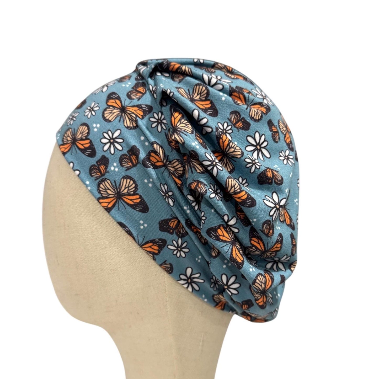 Blue Butterfly & Daisy Scrub Cap, Stretchy Bouffant Surgical Hat, Ponytail Friendly, Nurse/Doctor OR Cap, Cute Floral Butterflies