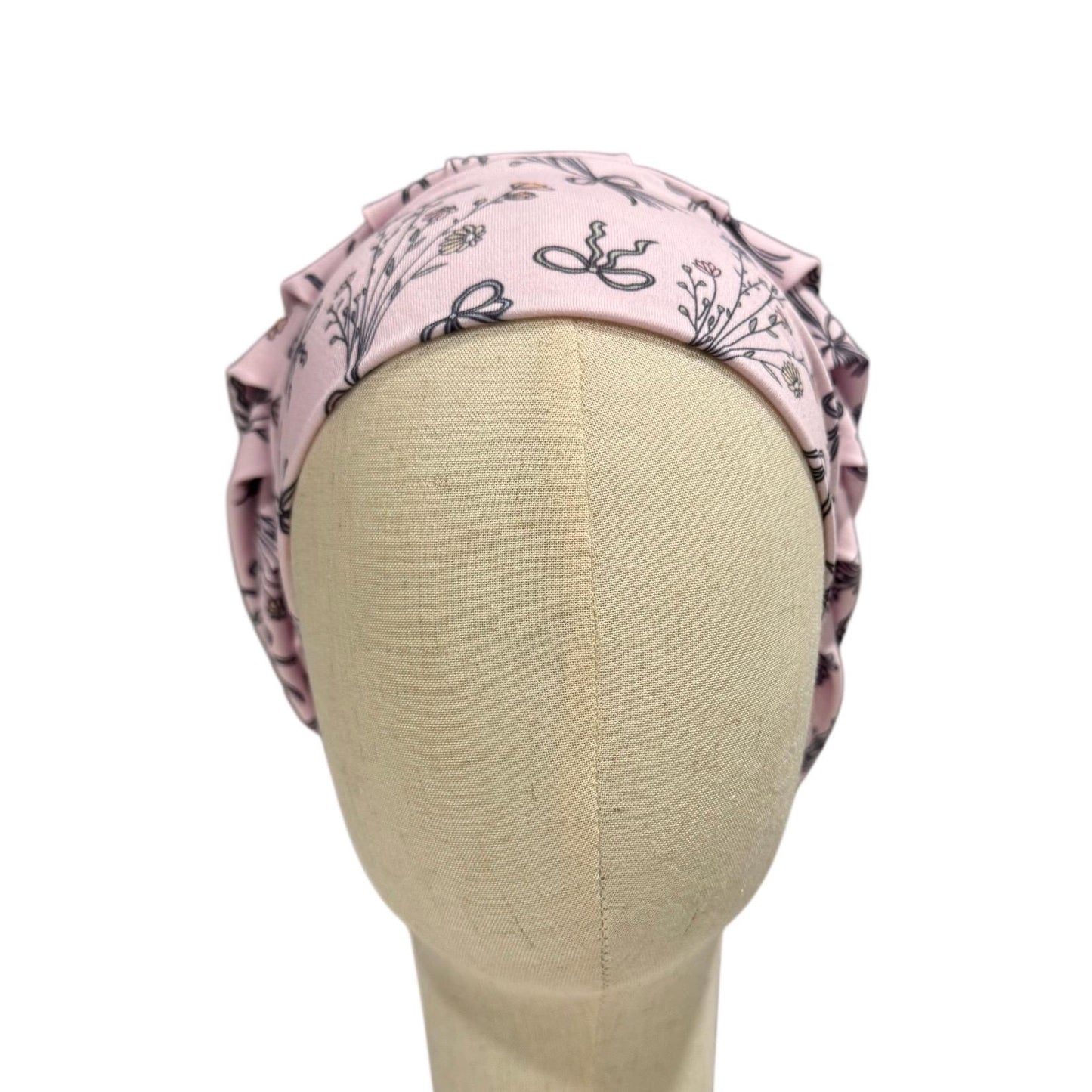 Pink Floral Bow Scrub Cap, Stretchy Bouffant Surgical Hat, Ponytail Friendly, Nurse/Doctor OR Cap, Cute Feminine Dainty Print