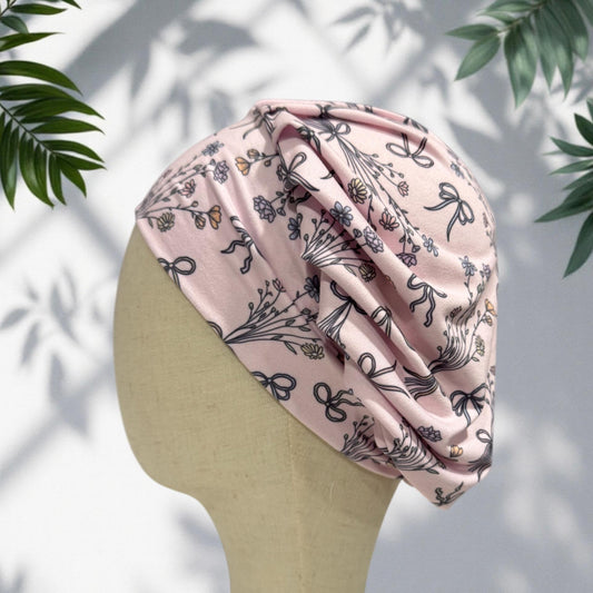 Pink Floral Bow Scrub Cap, Stretchy Bouffant Surgical Hat, Ponytail Friendly, Nurse/Doctor OR Cap, Cute Feminine Dainty Print