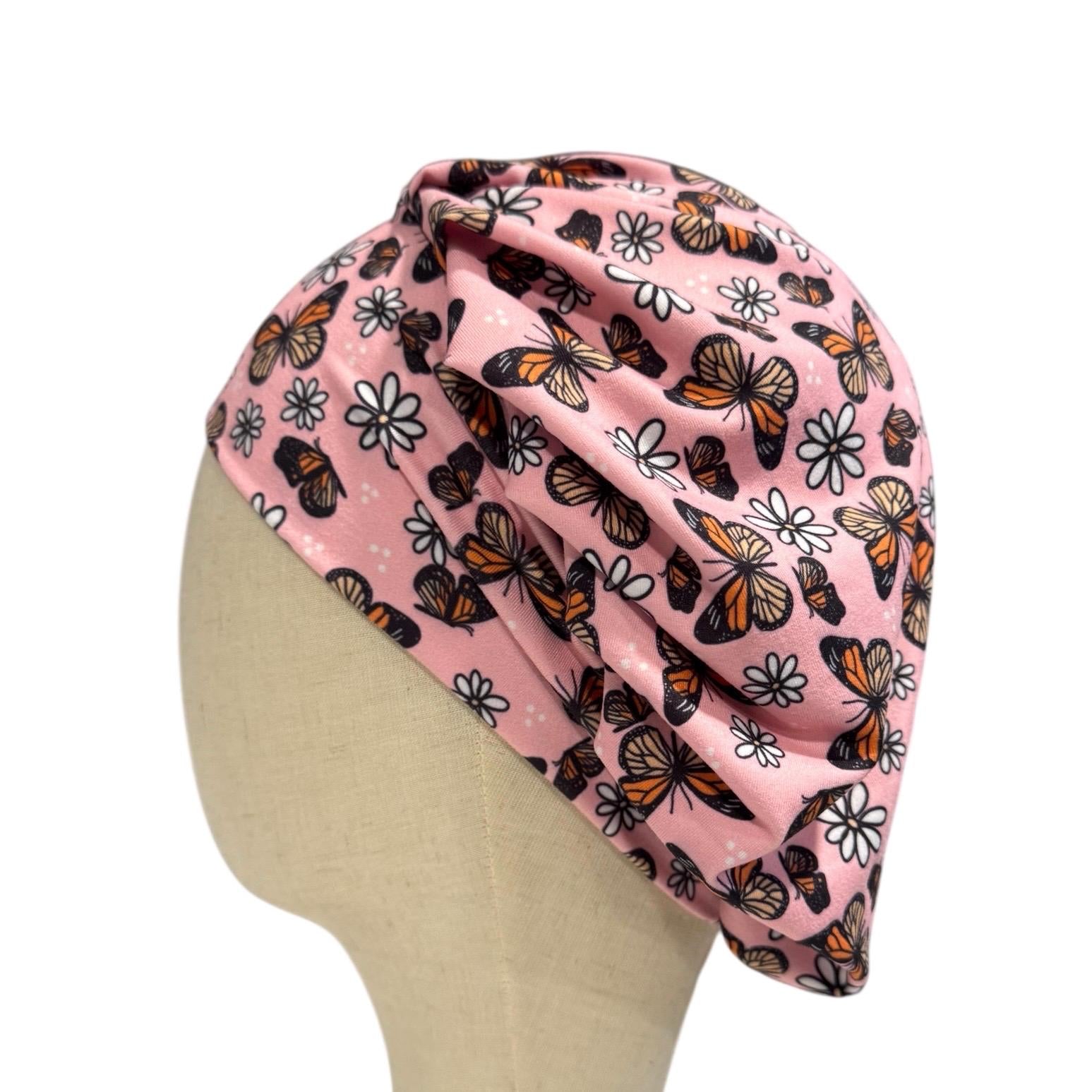 Pink Butterfly Scrub Cap with Daisies, Stretchy Bouffant Surgical Hat, Ponytail Friendly Nurse/Doctor OR Cap, Cute Floral Butterfly Print