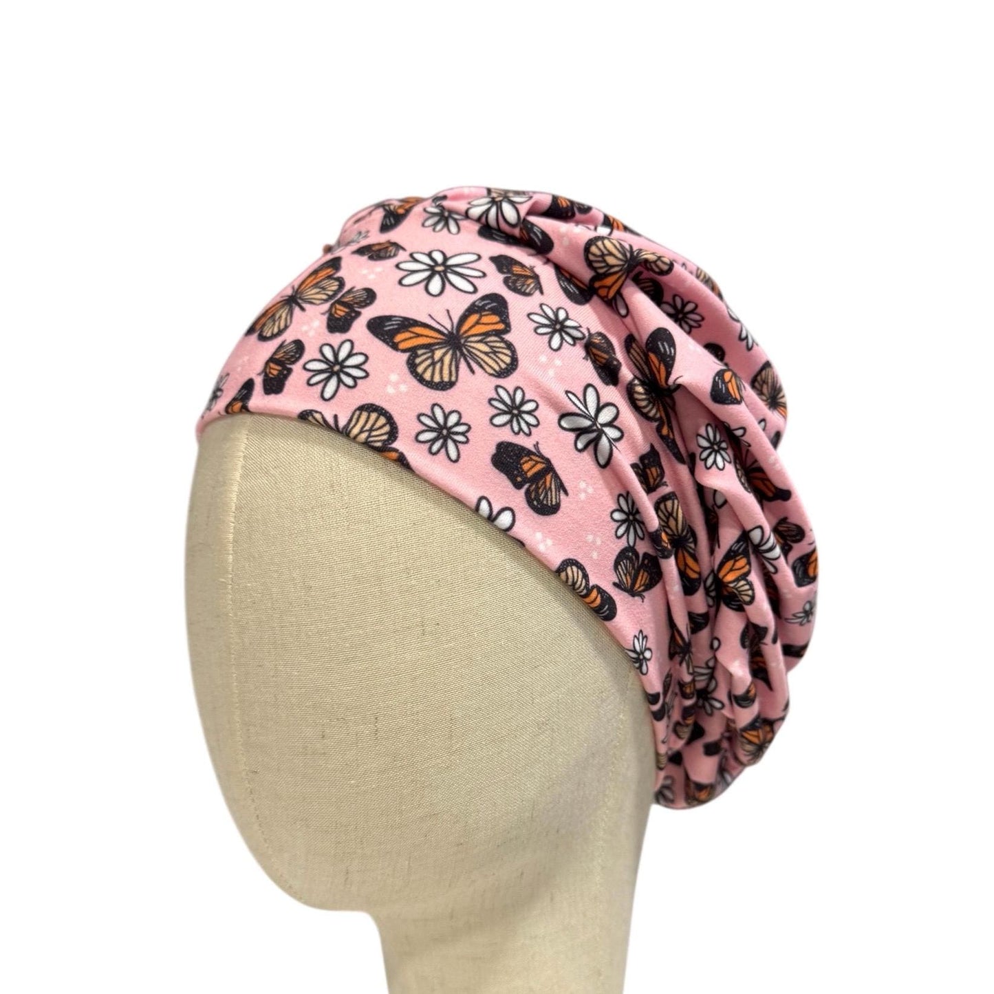 Pink Butterfly Scrub Cap with Daisies, Stretchy Bouffant Surgical Hat, Ponytail Friendly Nurse/Doctor OR Cap, Cute Floral Butterfly Print