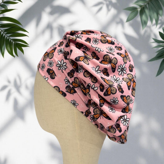 Pink Butterfly Scrub Cap with Daisies, Stretchy Bouffant Surgical Hat, Ponytail Friendly Nurse/Doctor OR Cap, Cute Floral Butterfly Print