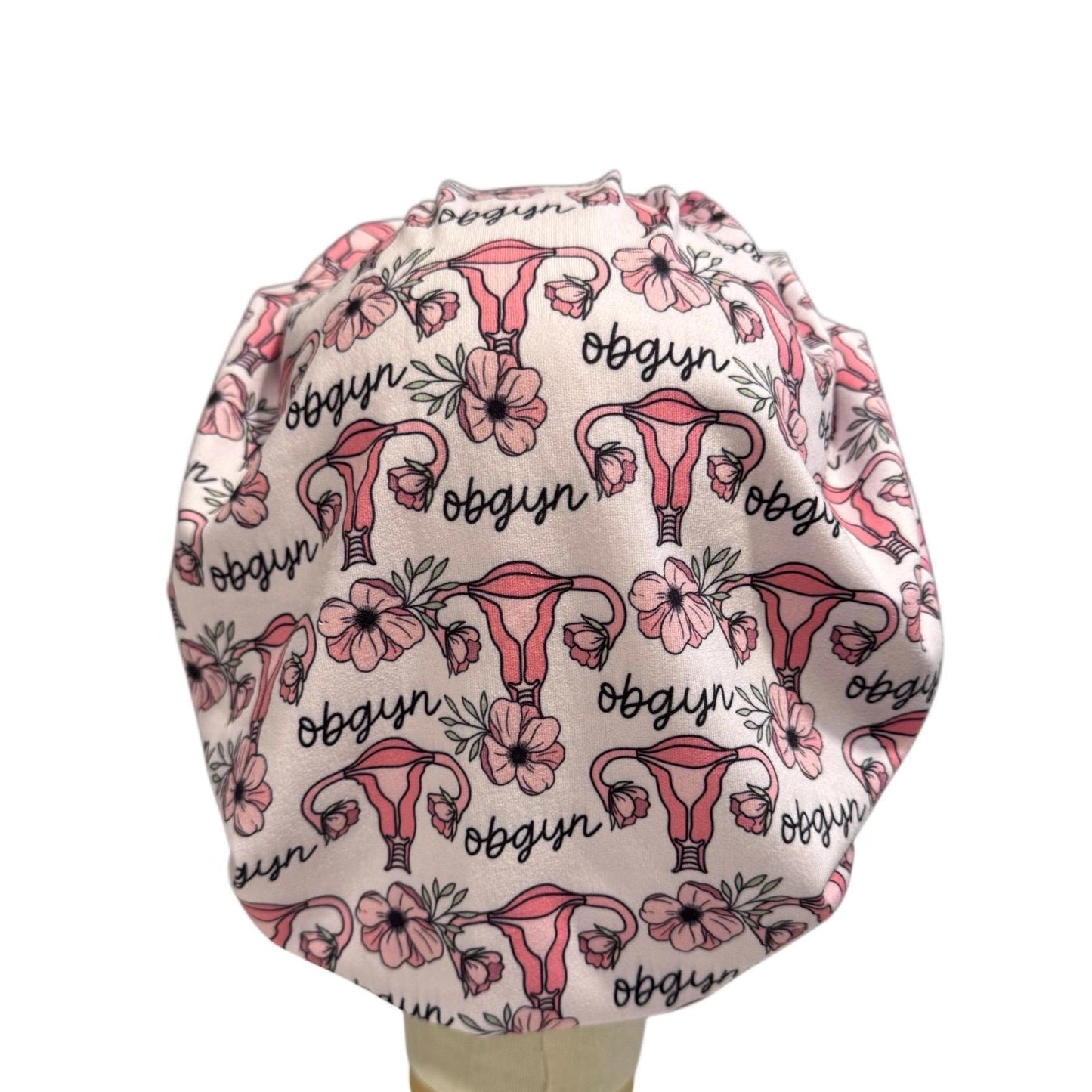 OBGYN Scrub Cap, Uterus Floral Print, Stretchy Bouffant Surgical Hat, Ponytail Friendly Nurse/Doctor OR Cap, Cute Pink Gynecology