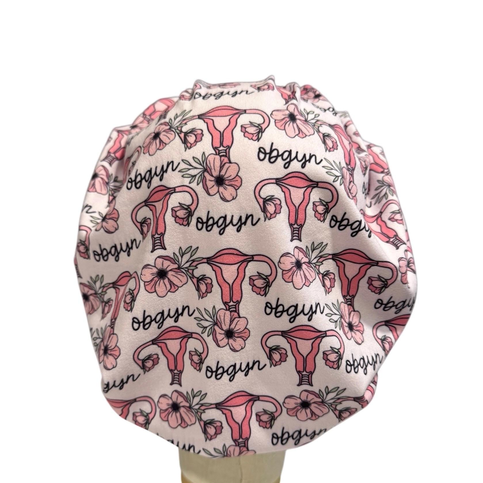 OBGYN Scrub Cap, Uterus Floral Print, Stretchy Bouffant Surgical Hat, Ponytail Friendly Nurse/Doctor OR Cap, Cute Pink Gynecology