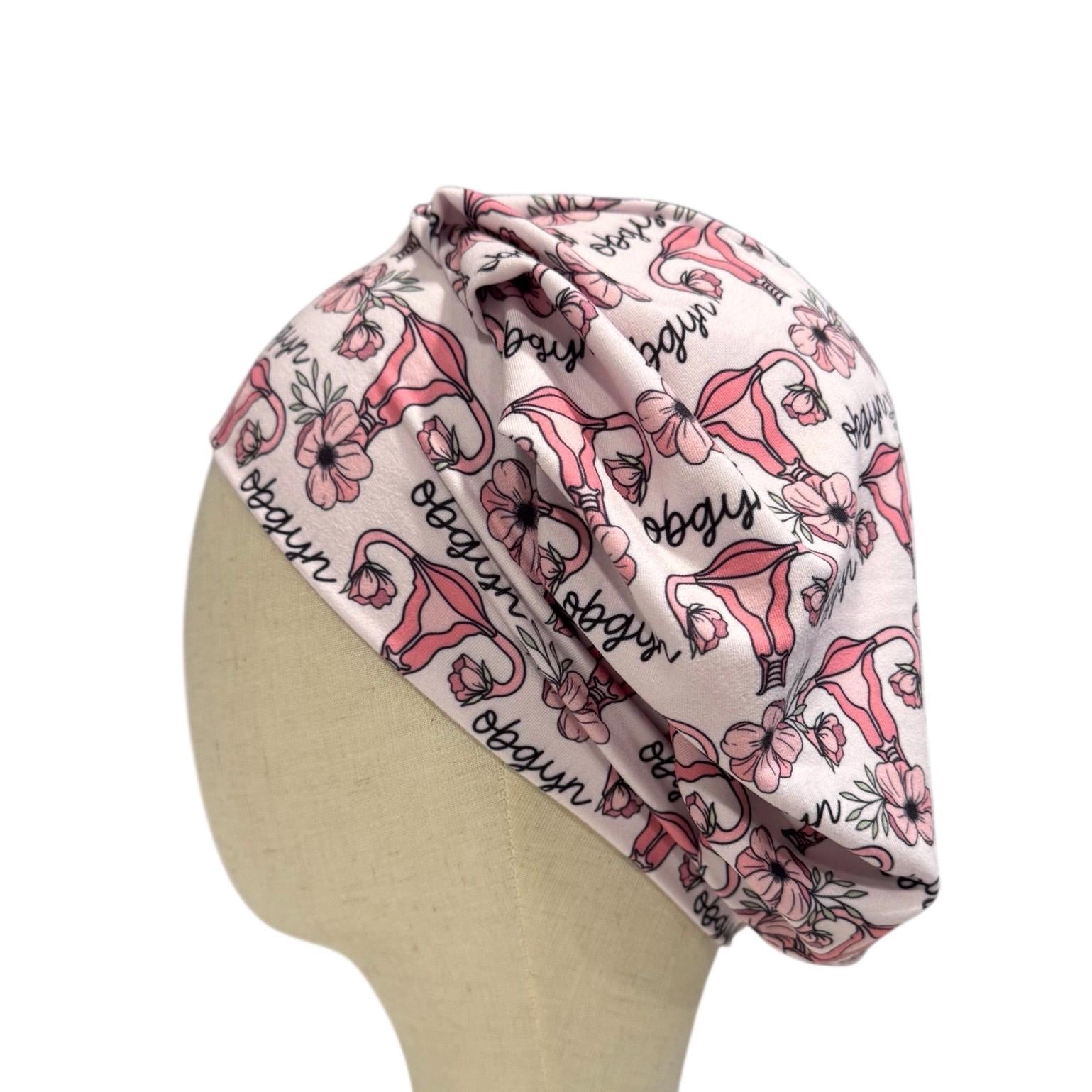 OBGYN Scrub Cap, Uterus Floral Print, Stretchy Bouffant Surgical Hat, Ponytail Friendly Nurse/Doctor OR Cap, Cute Pink Gynecology