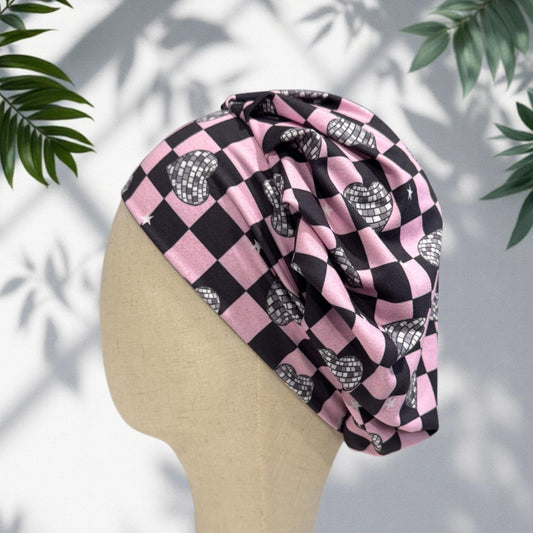 Pink Black Checkerboard Scrub Cap, Disco Heart Scrub Hat, Stretchy Bouffant Surgical Cap, Ponytail Friendly Nurse/Doctor OR Cap, Retro Cute