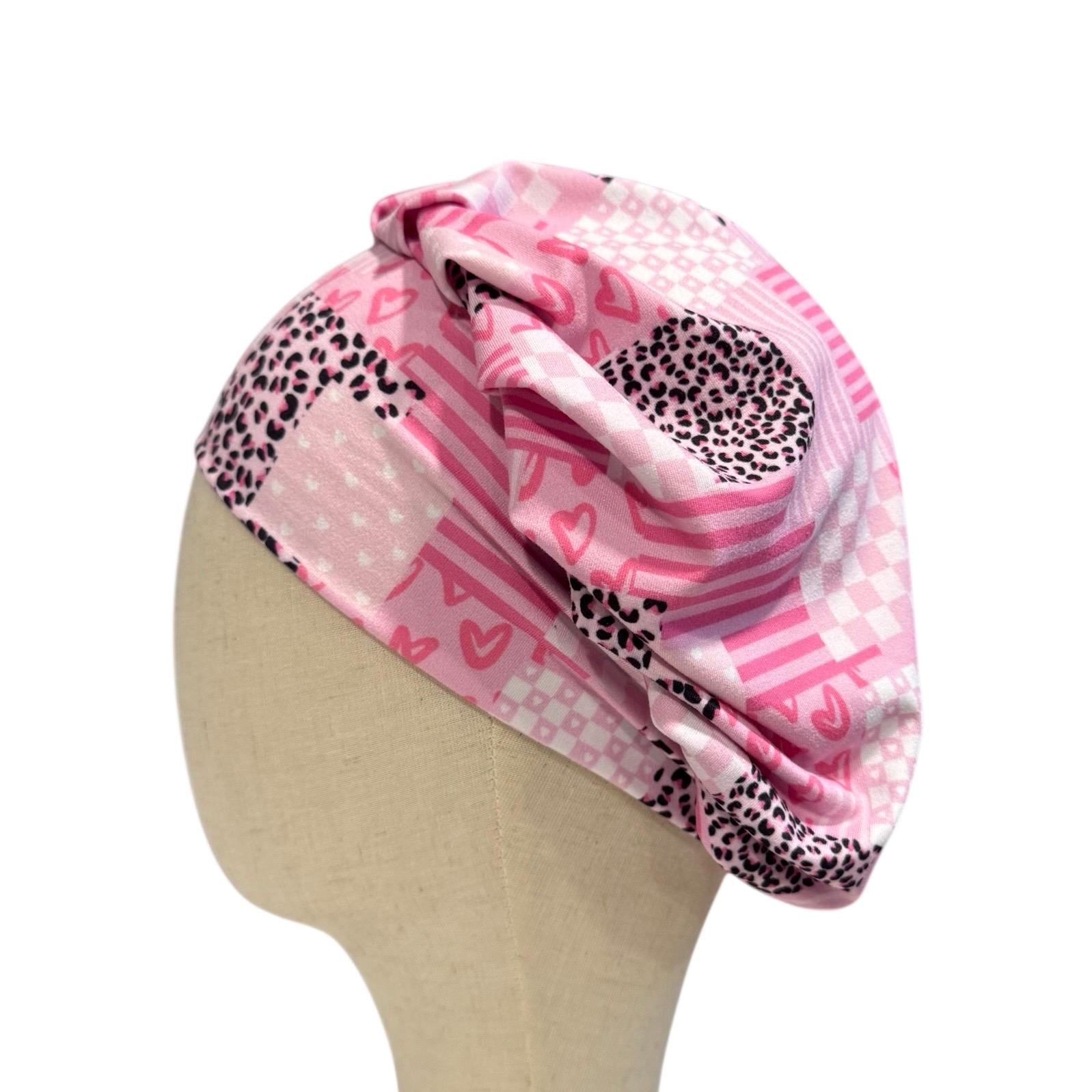 Pink Valentine Patchwork Scrub Cap, Hearts Gingham Stripe Leopard Print, Stretchy Bouffant Surgical Hat, Ponytail Friendly Nurse/Doctor OR