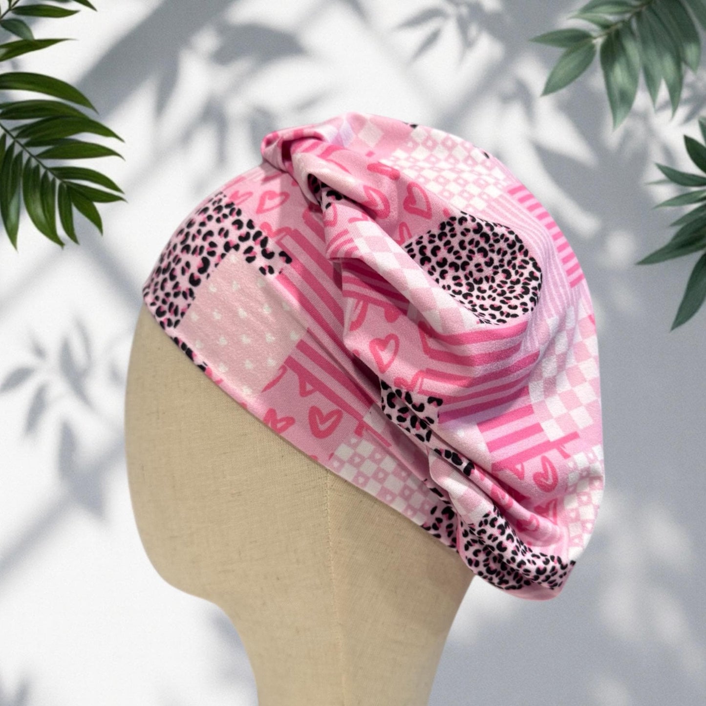 Pink Valentine Patchwork Scrub Cap, Hearts Gingham Stripe Leopard Print, Stretchy Bouffant Surgical Hat, Ponytail Friendly Nurse/Doctor OR
