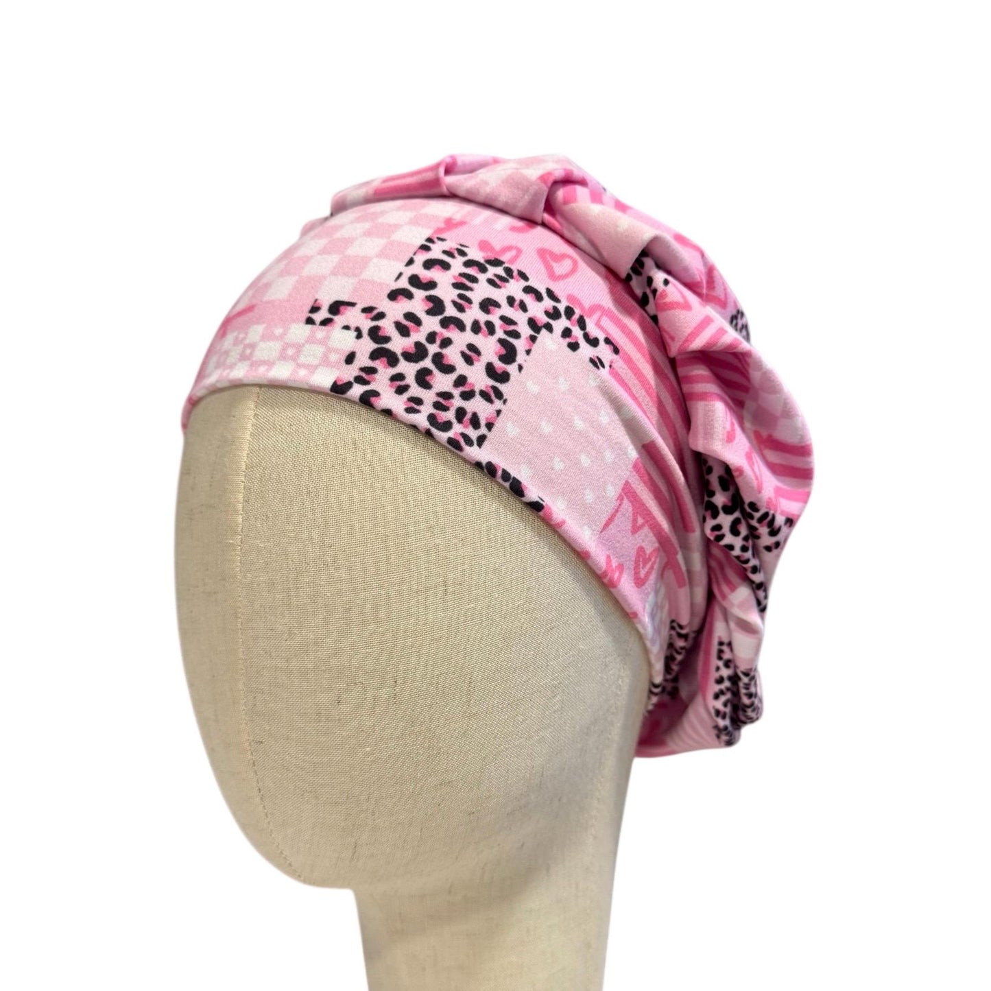 Pink Valentine Patchwork Scrub Cap, Hearts Gingham Stripe Leopard Print, Stretchy Bouffant Surgical Hat, Ponytail Friendly Nurse/Doctor OR