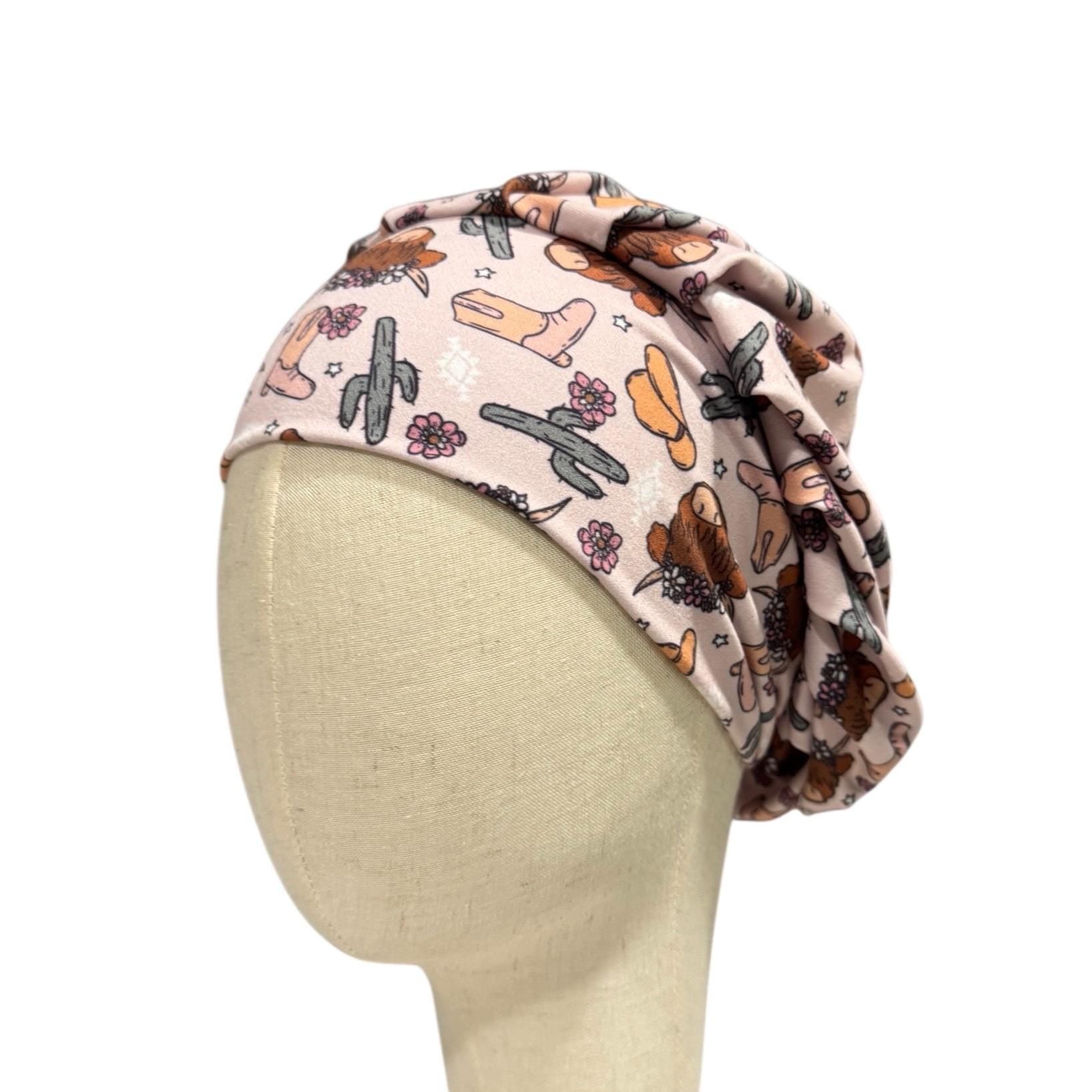 Western Cowgirl Scrub Cap, Highland Cow Boots Hat Cactus Print, Stretchy Bouffant Surgical Hat, Ponytail Friendly Nurse/Doctor OR Cap