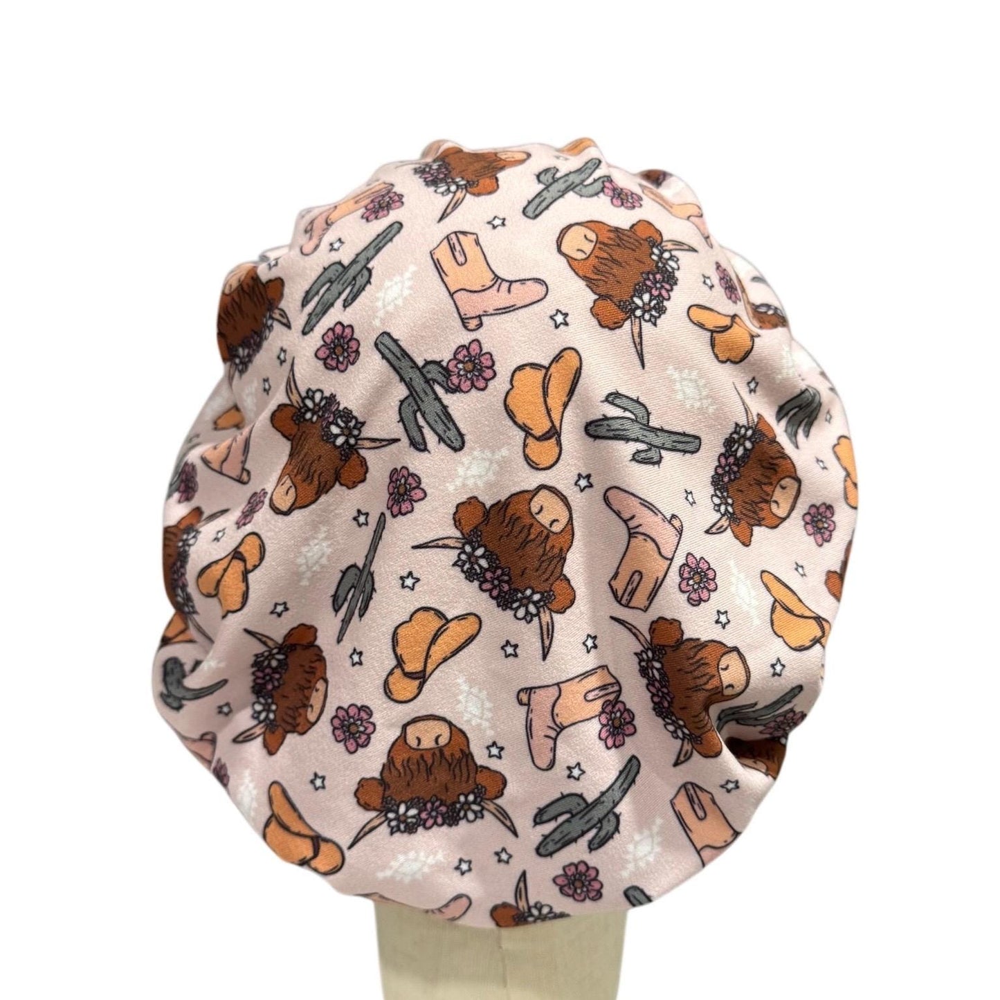 Western Cowgirl Scrub Cap, Highland Cow Boots Hat Cactus Print, Stretchy Bouffant Surgical Hat, Ponytail Friendly Nurse/Doctor OR Cap