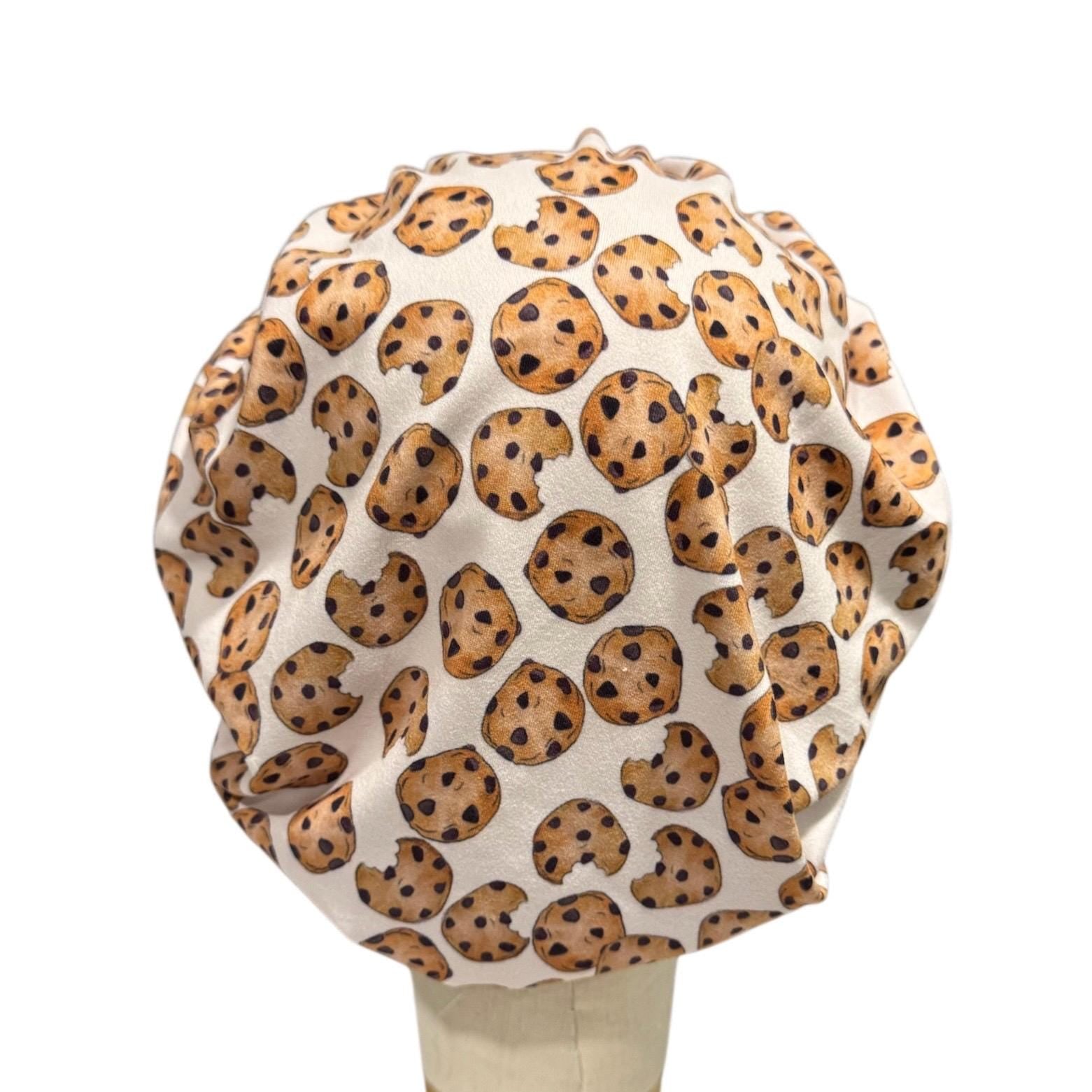 Chocolate Chip Cookie Scrub Cap, Cute Baking Dessert Print, Stretchy Bouffant Surgical Hat, Ponytail Friendly Nurse/Doctor OR Cap, Fun Food