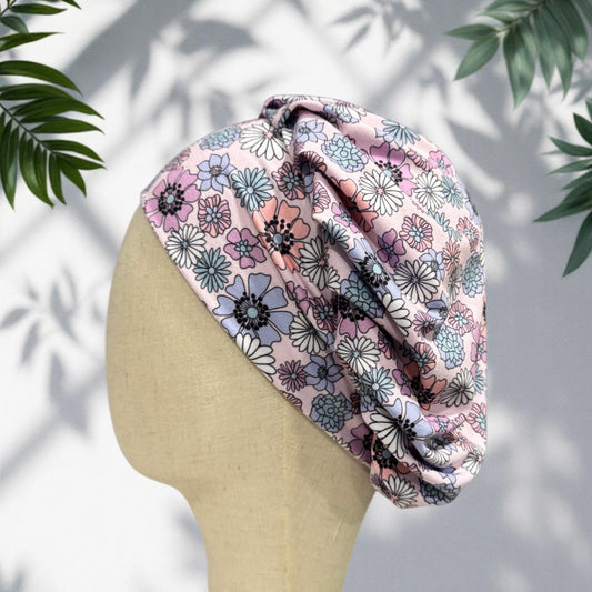 Pastel Floral Scrub Cap, Pink Doodle Flower Print, Stretchy Bouffant Surgical Hat, Ponytail Friendly Nurse/Doctor OR Cap