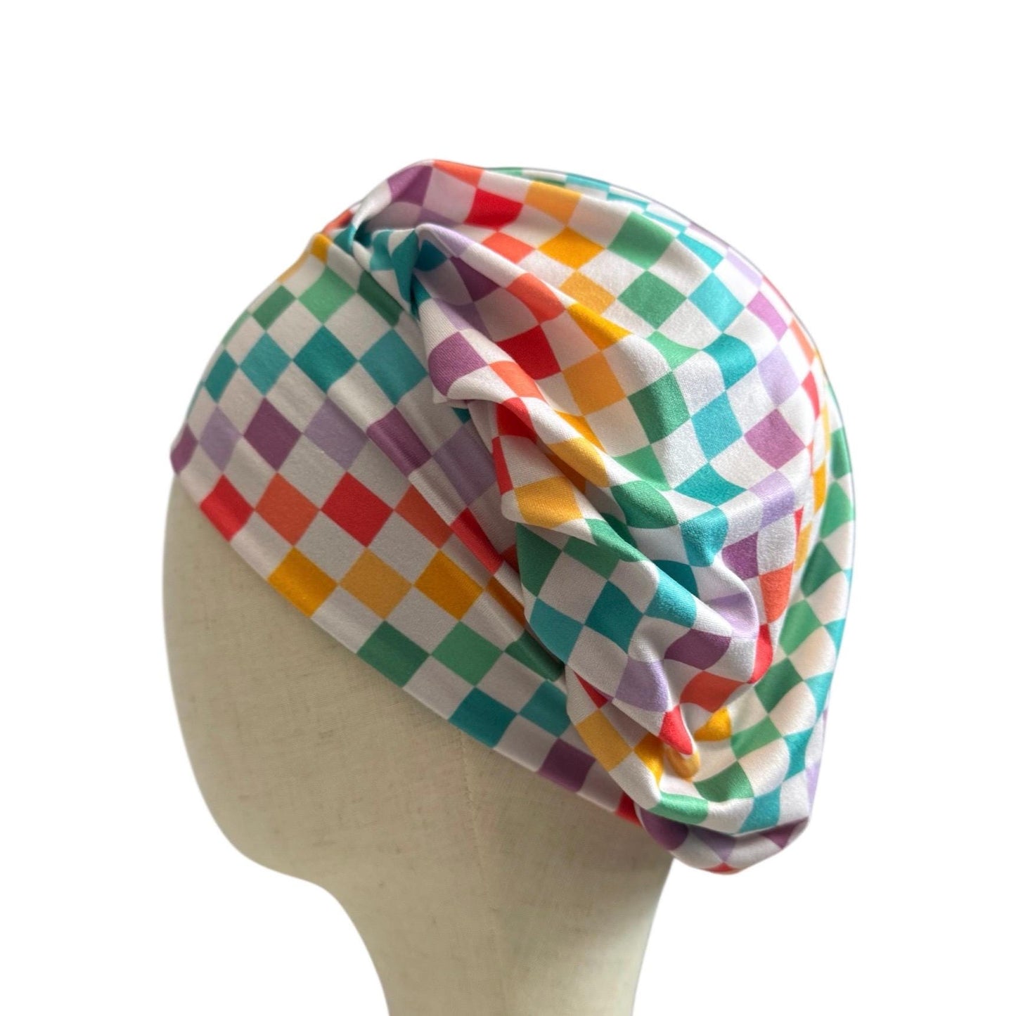 Retro Checkerboard Scrub Cap – Colorful Pastel Bouffant Stretch Scrub Hat for Nurses, Doctors, Dental & Vet Techs