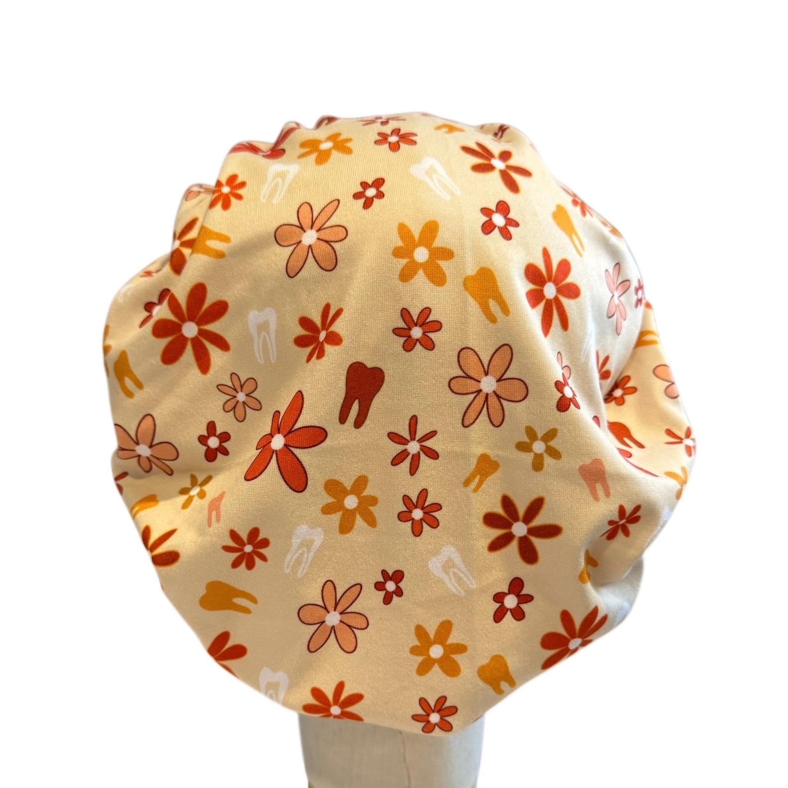 Dentist Scrub Cap Retro Floral Tooth Print | Cute Dental Hygienist Scrub Cap, Bouffant Scrub Cap