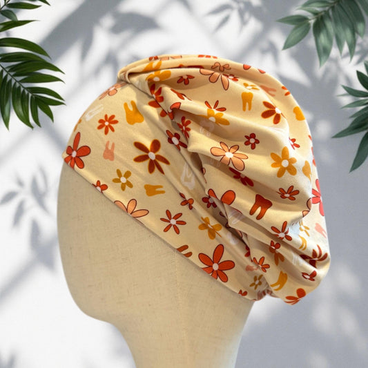 Dentist Scrub Cap Retro Floral Tooth Print | Cute Dental Hygienist Scrub Cap, Bouffant Scrub Cap