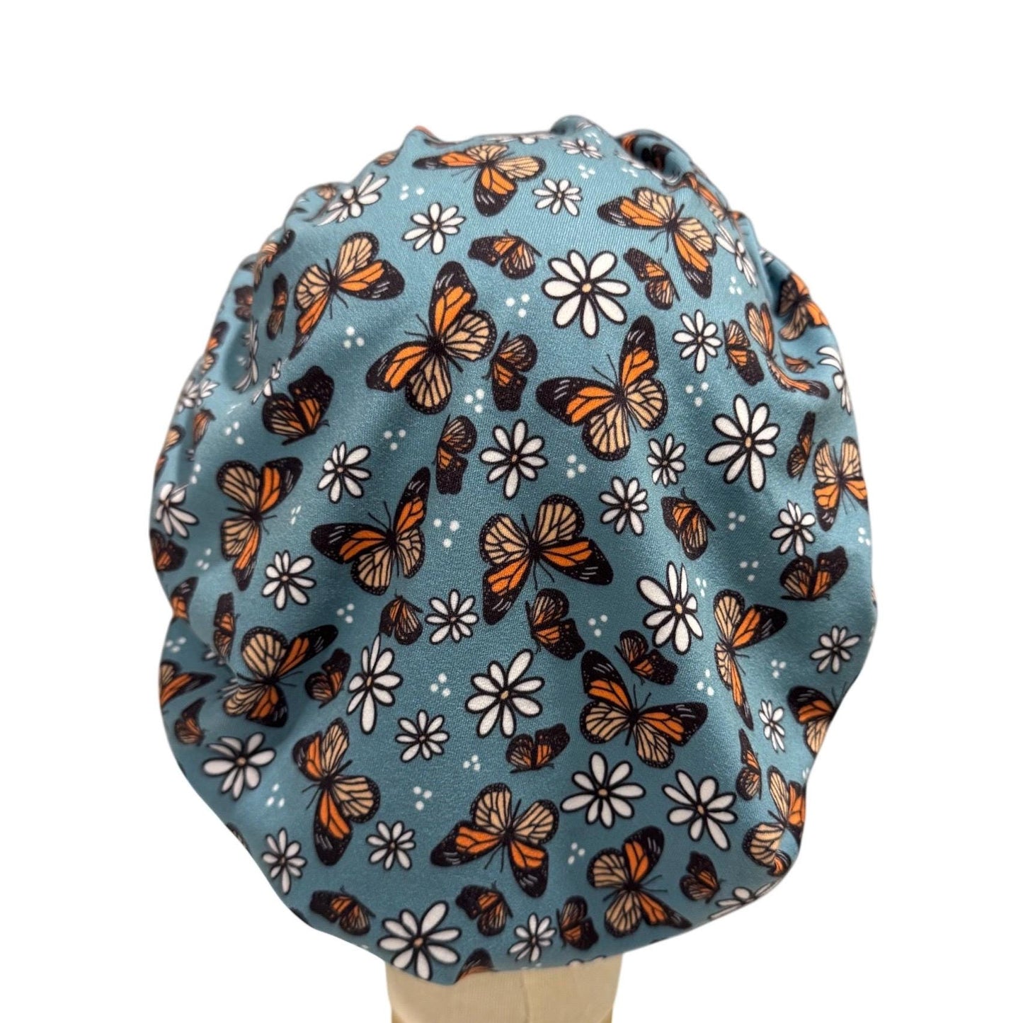 Blue Butterfly & Daisy Scrub Cap, Stretchy Bouffant Surgical Hat, Ponytail Friendly, Nurse/Doctor OR Cap, Cute Floral Butterflies
