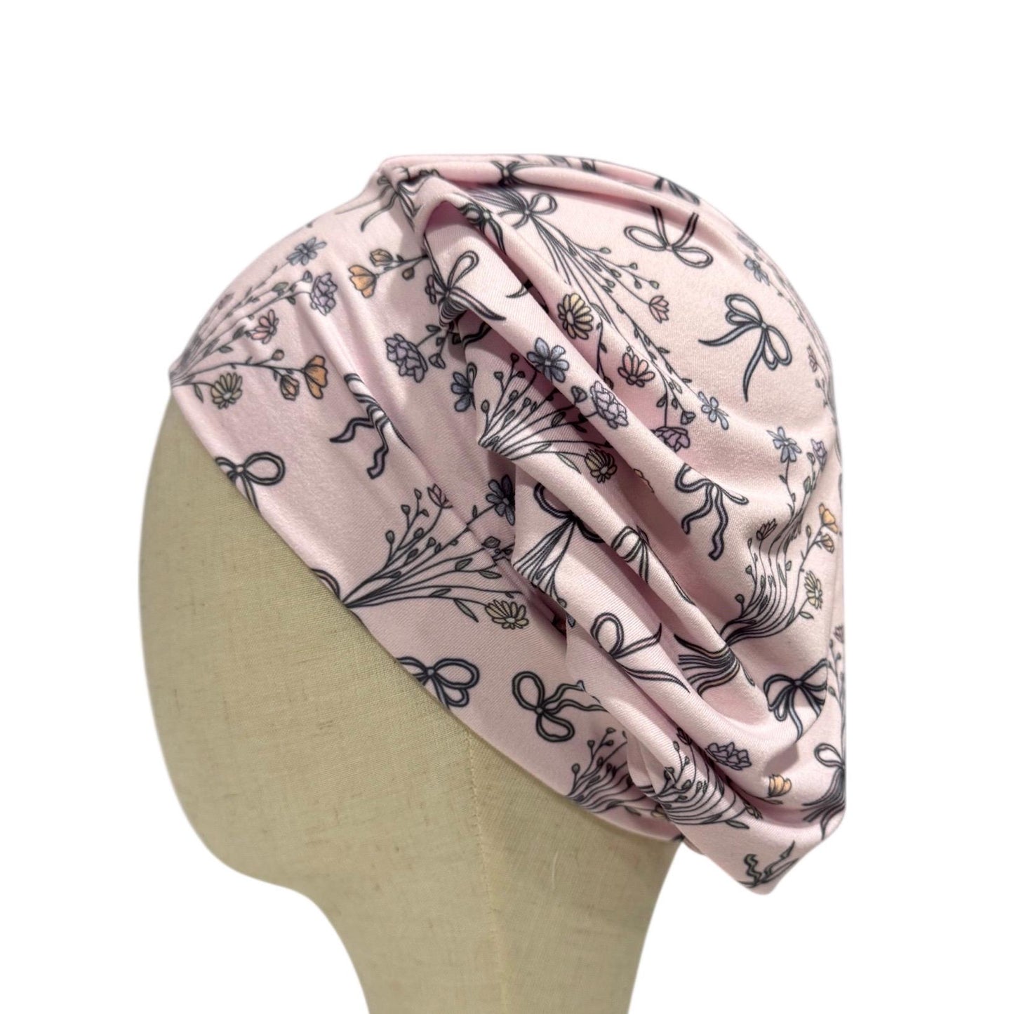 Pink Floral Bow Scrub Cap, Stretchy Bouffant Surgical Hat, Ponytail Friendly, Nurse/Doctor OR Cap, Cute Feminine Dainty Print