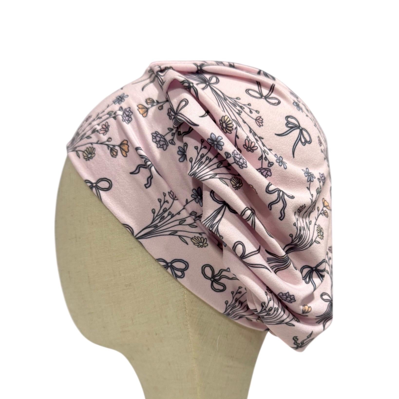 Pink Floral Bow Scrub Cap, Stretchy Bouffant Surgical Hat, Ponytail Friendly, Nurse/Doctor OR Cap, Cute Feminine Dainty Print