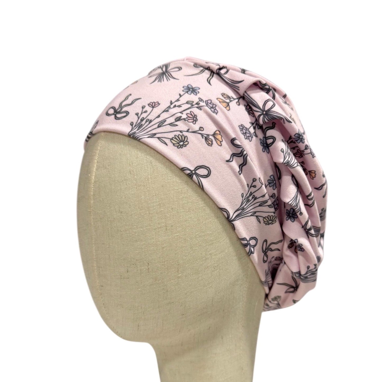 Pink Floral Bow Scrub Cap, Stretchy Bouffant Surgical Hat, Ponytail Friendly, Nurse/Doctor OR Cap, Cute Feminine Dainty Print