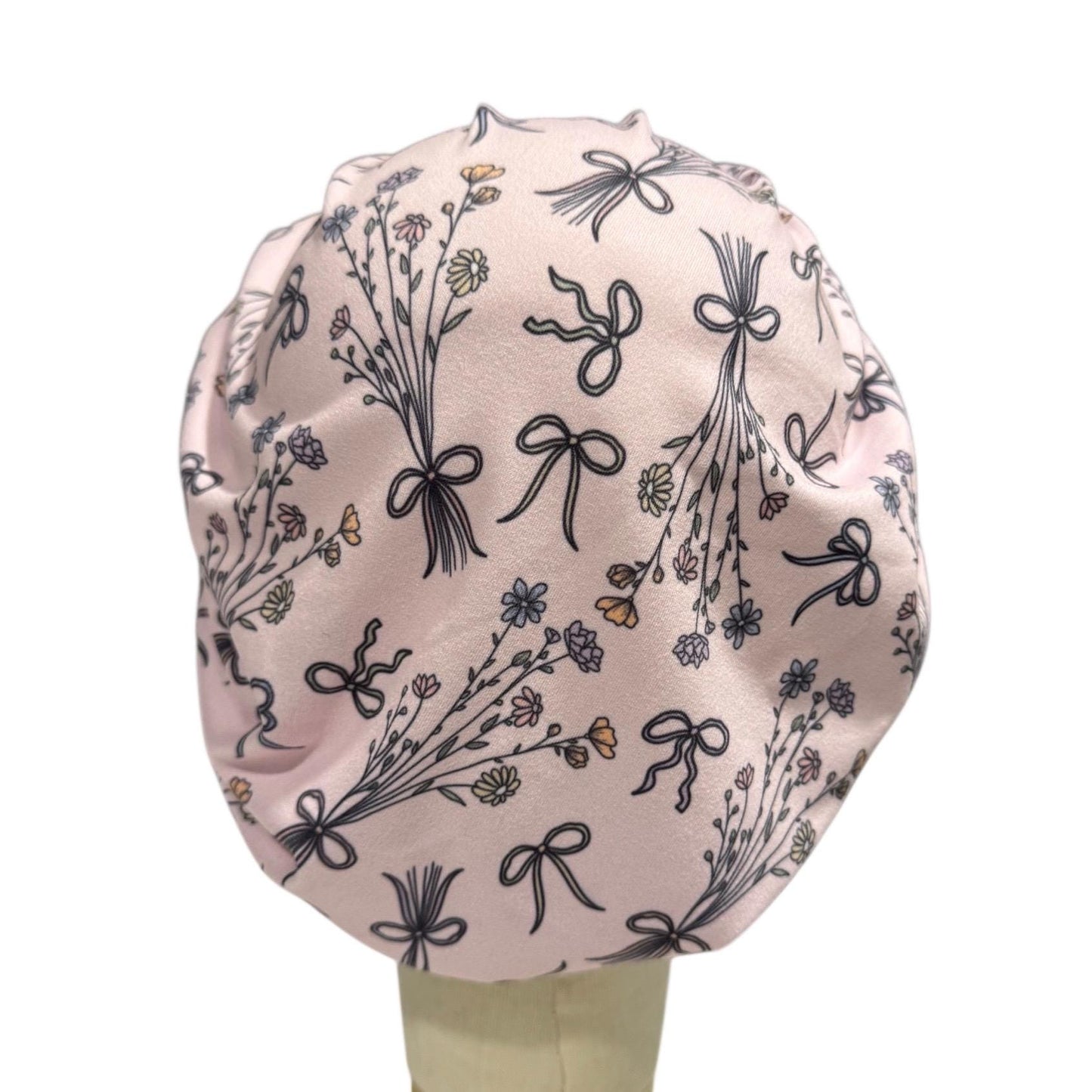 Pink Floral Bow Scrub Cap, Stretchy Bouffant Surgical Hat, Ponytail Friendly, Nurse/Doctor OR Cap, Cute Feminine Dainty Print