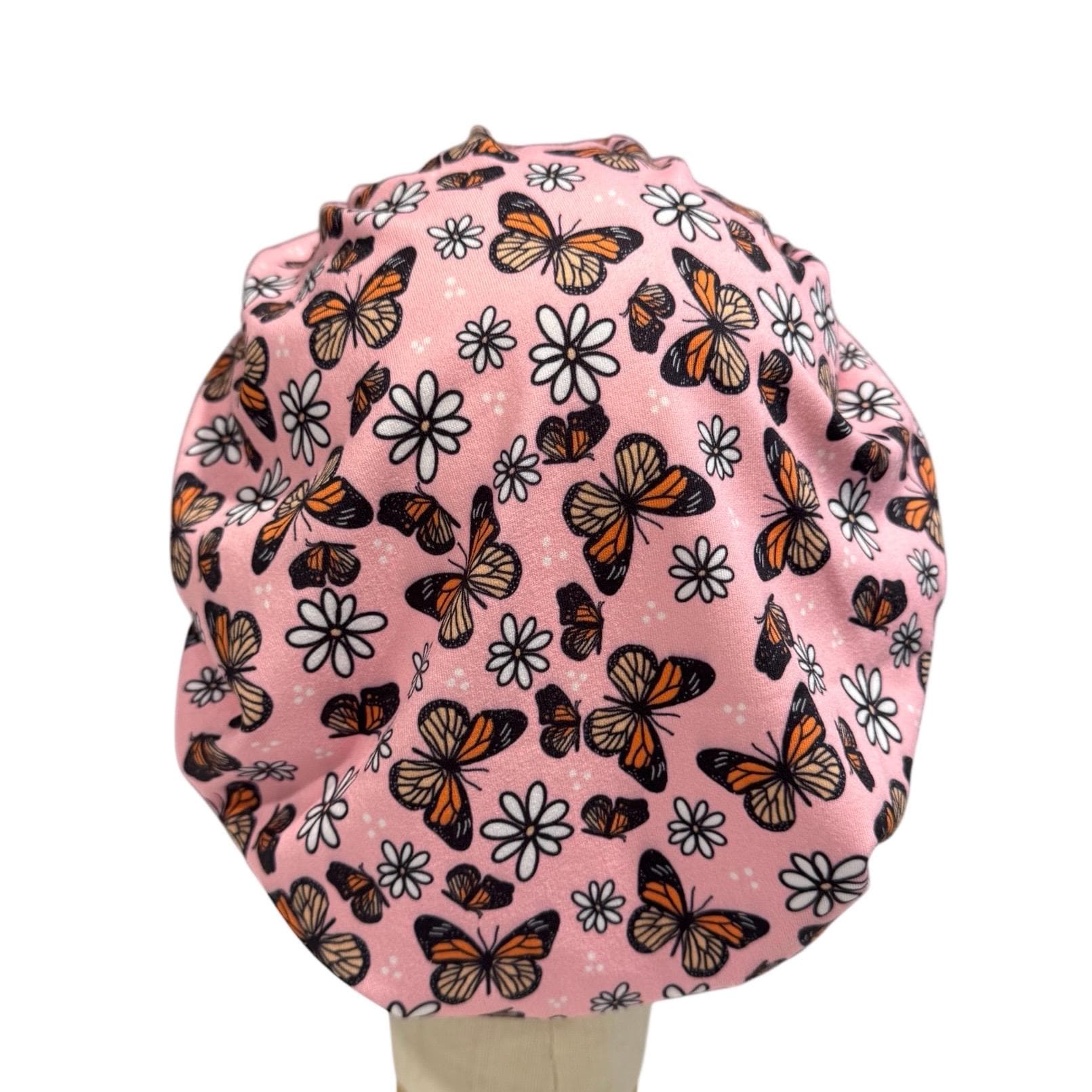 Pink Butterfly Scrub Cap with Daisies, Stretchy Bouffant Surgical Hat, Ponytail Friendly Nurse/Doctor OR Cap, Cute Floral Butterfly Print