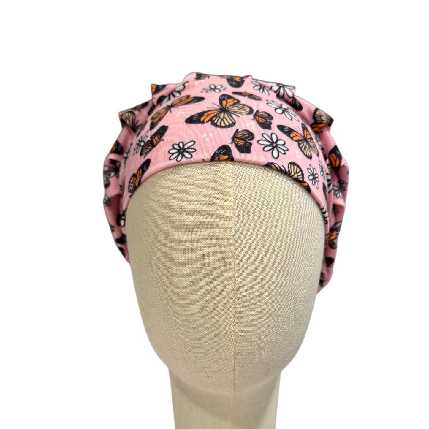 Pink Butterfly Scrub Cap with Daisies, Stretchy Bouffant Surgical Hat, Ponytail Friendly Nurse/Doctor OR Cap, Cute Floral Butterfly Print