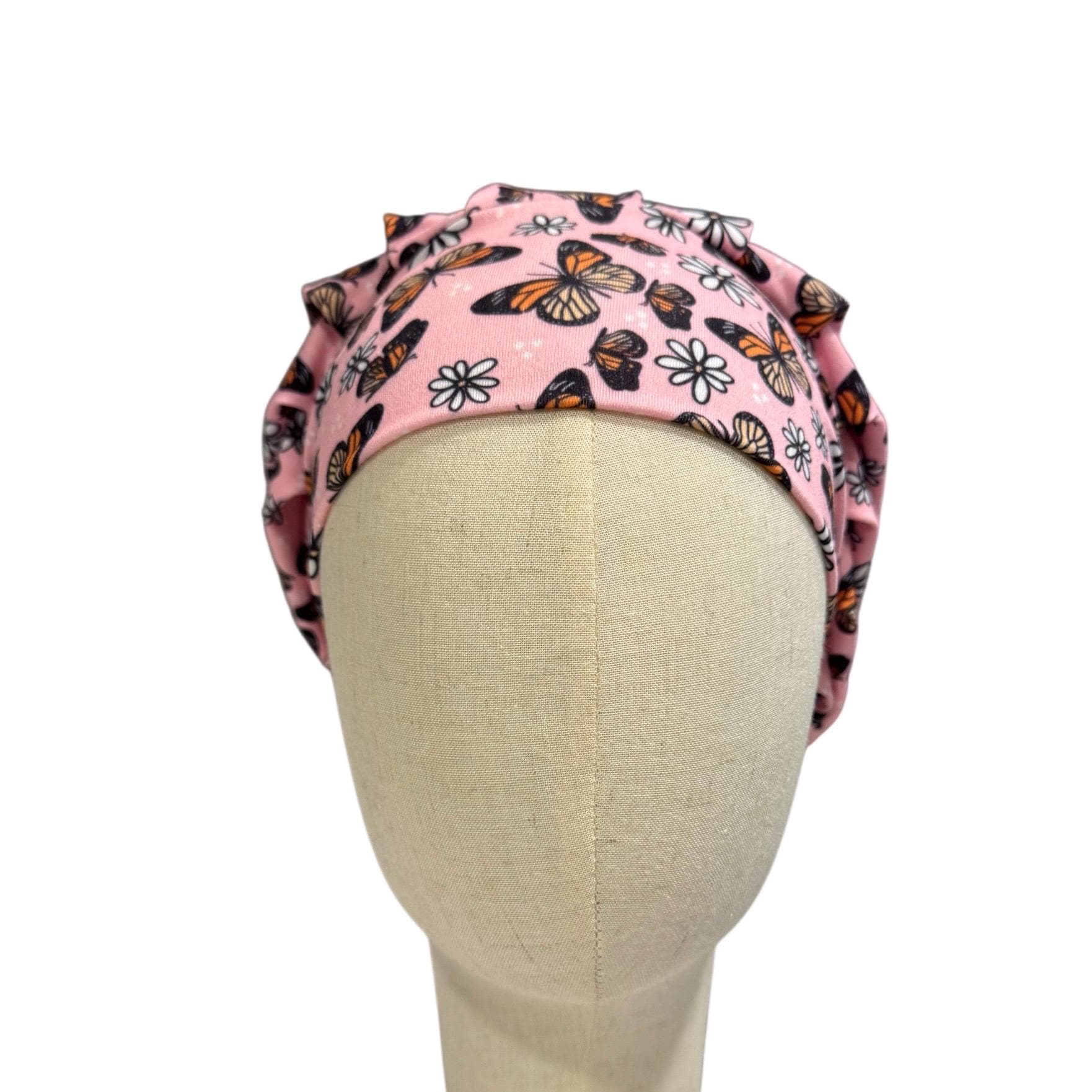 Pink Butterfly Scrub Cap with Daisies, Stretchy Bouffant Surgical Hat, Ponytail Friendly Nurse/Doctor OR Cap, Cute Floral Butterfly Print
