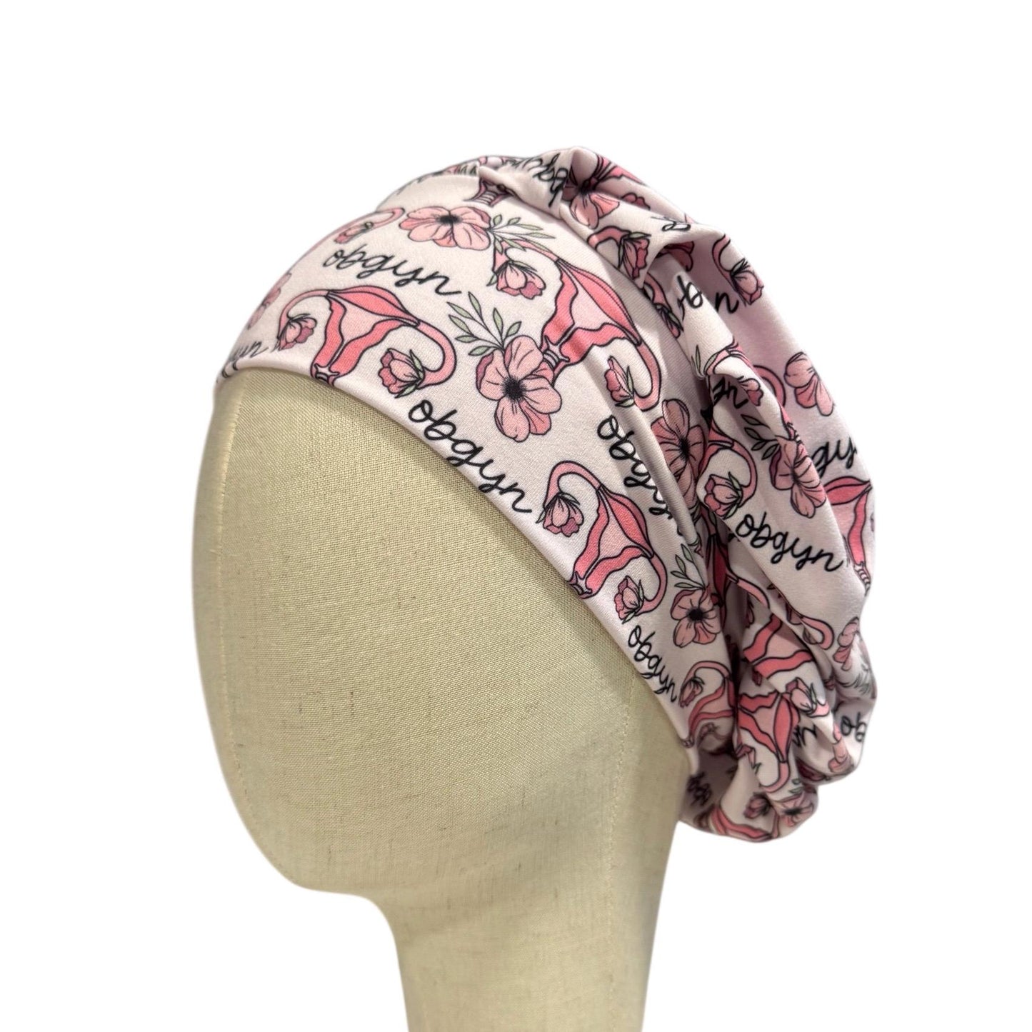 OBGYN Scrub Cap, Uterus Floral Print, Stretchy Bouffant Surgical Hat, Ponytail Friendly Nurse/Doctor OR Cap, Cute Pink Gynecology