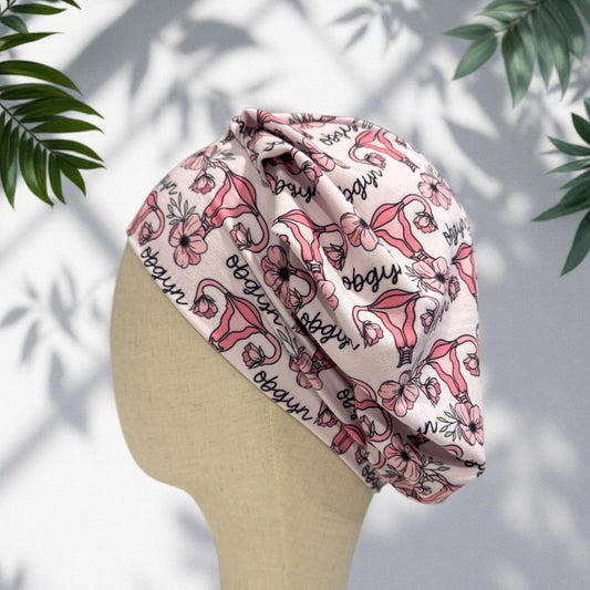 OBGYN Scrub Cap, Uterus Floral Print, Stretchy Bouffant Surgical Hat, Ponytail Friendly Nurse/Doctor OR Cap, Cute Pink Gynecology