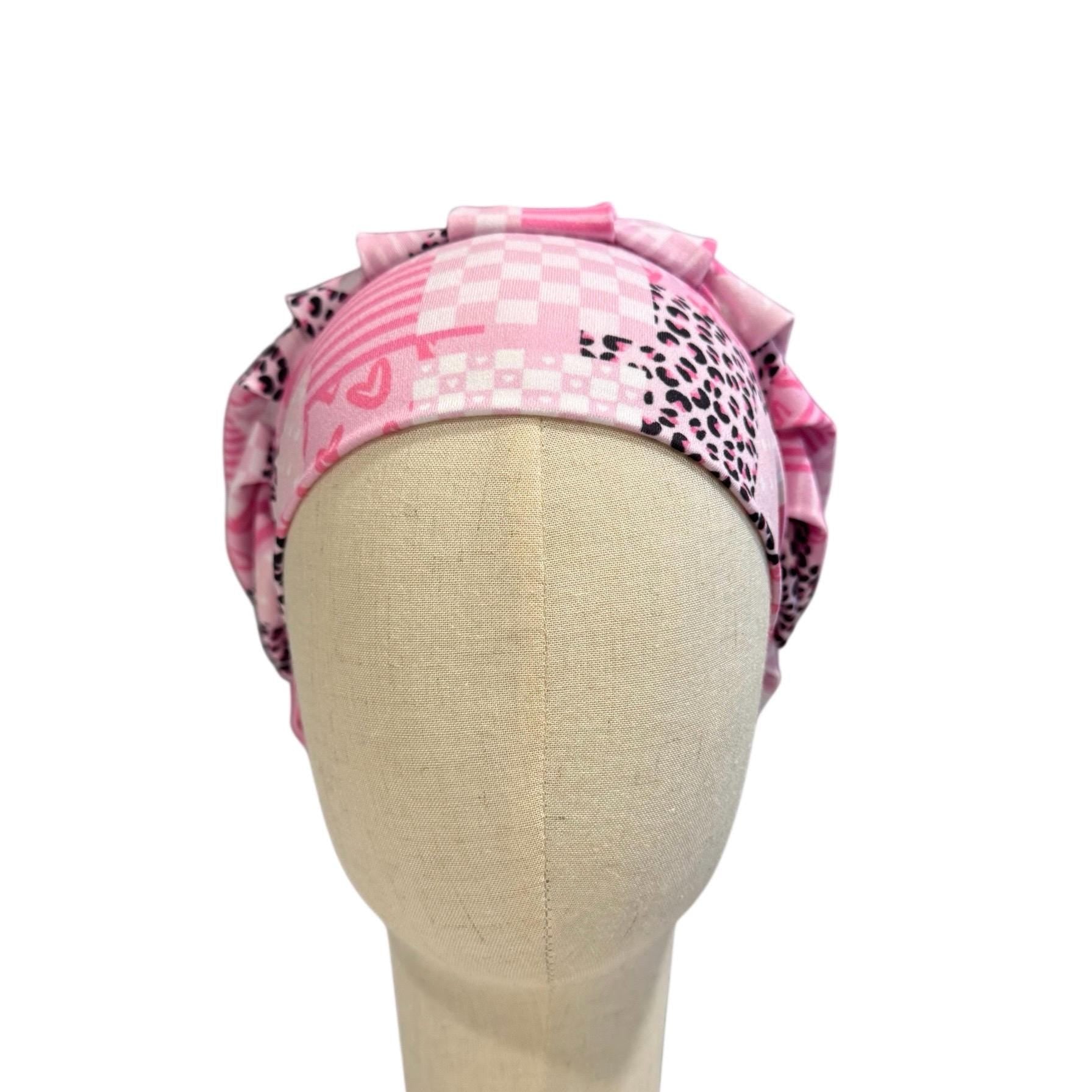 Pink Valentine Patchwork Scrub Cap, Hearts Gingham Stripe Leopard Print, Stretchy Bouffant Surgical Hat, Ponytail Friendly Nurse/Doctor OR