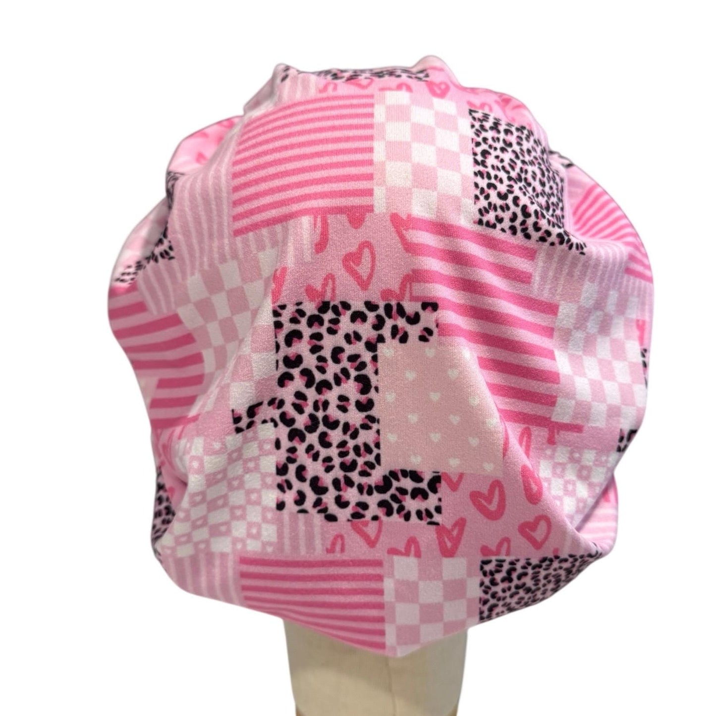 Pink Valentine Patchwork Scrub Cap, Hearts Gingham Stripe Leopard Print, Stretchy Bouffant Surgical Hat, Ponytail Friendly Nurse/Doctor OR