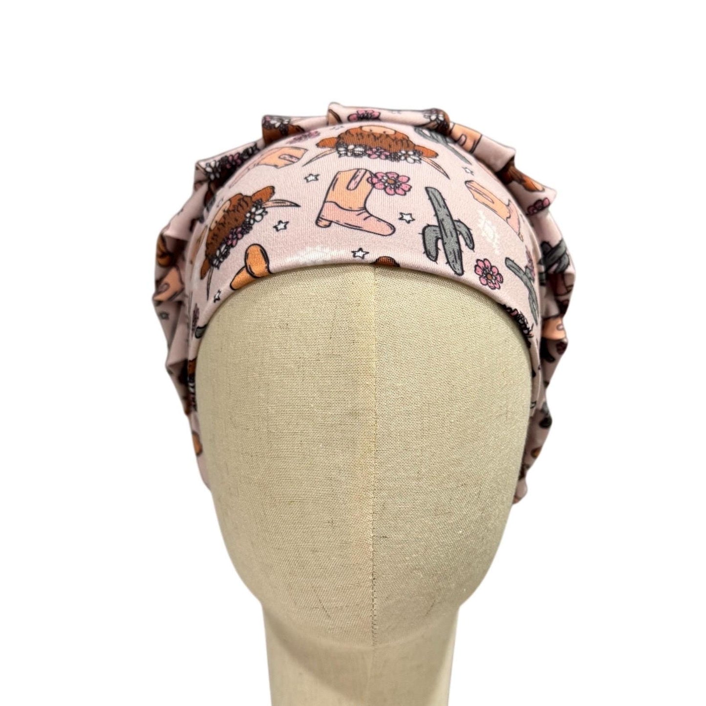 Western Cowgirl Scrub Cap, Highland Cow Boots Hat Cactus Print, Stretchy Bouffant Surgical Hat, Ponytail Friendly Nurse/Doctor OR Cap
